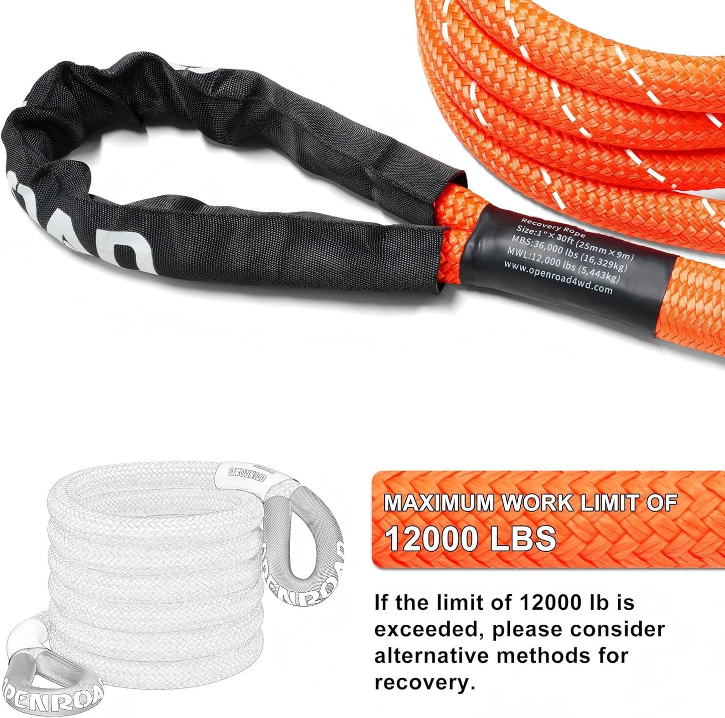 OPENROAD Kinetic Recovery Tow Rope, 36000 Lbs (1in x 30ft Orange with Soft Shackle) Extreme Duty 35% Elasticity Energy Offroad Snatch Strap, Vehicle Recovery Kit for Jeep Car Truck ATV UTV SUV