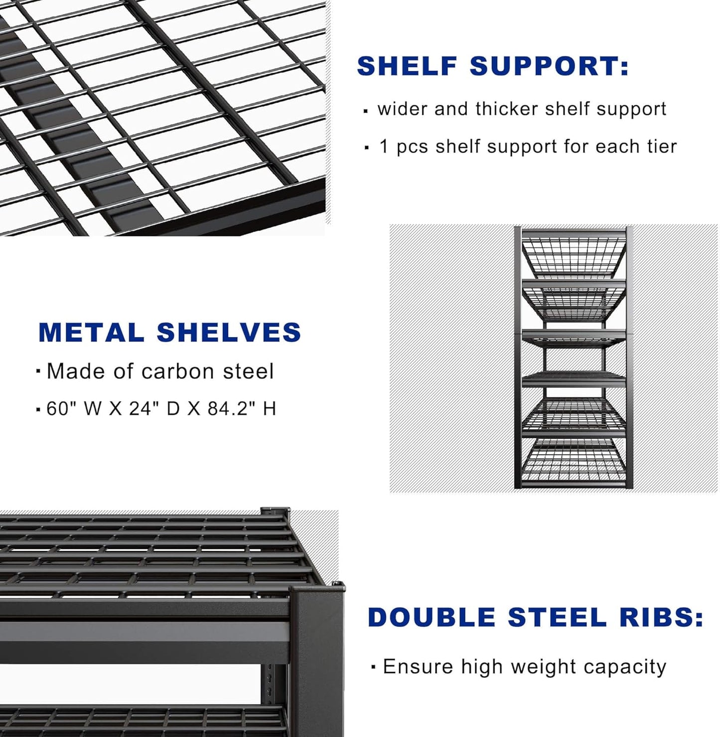 65" W Garage Shelving Heavy Duty, 6 Tier Garage Shelves, Adjustable Storage Shelving Unit, Commercial Metal Shelf for Warehouse, Pantry, School, Shop, 3 Pack