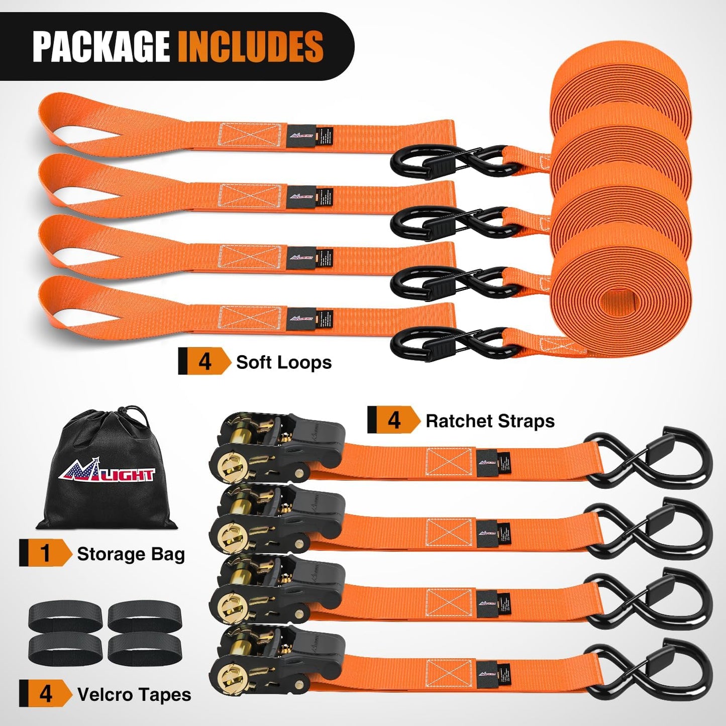 Nilight Ratchet Tie Down Straps 4500Lbs Max Break Strength 1”×15’ Heavy Duty Motorcycle Straps with S Hooks Rubber Handle and 1” ×12’ Soft Loop for UTV Motorcycle Moving Securing Cargo (Orange 4 Pack)