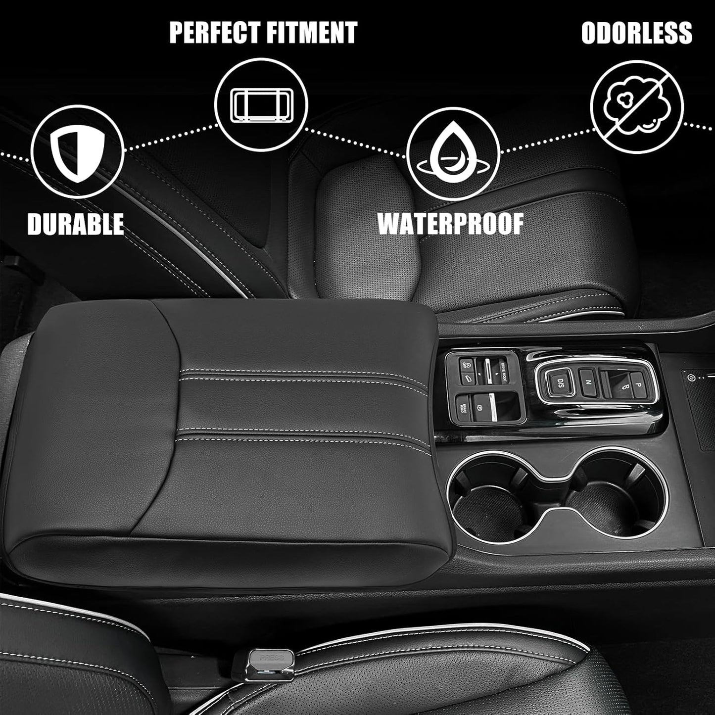 Muslogy Center Console Cover Compatible with Honda Pilot 2023 2024 2025, 2024-2026 Ridgeline/Passport Accessories Armrest Pad Lid Cushion Console Protector Vegan Leather Extra Soft(Black/White Trim)