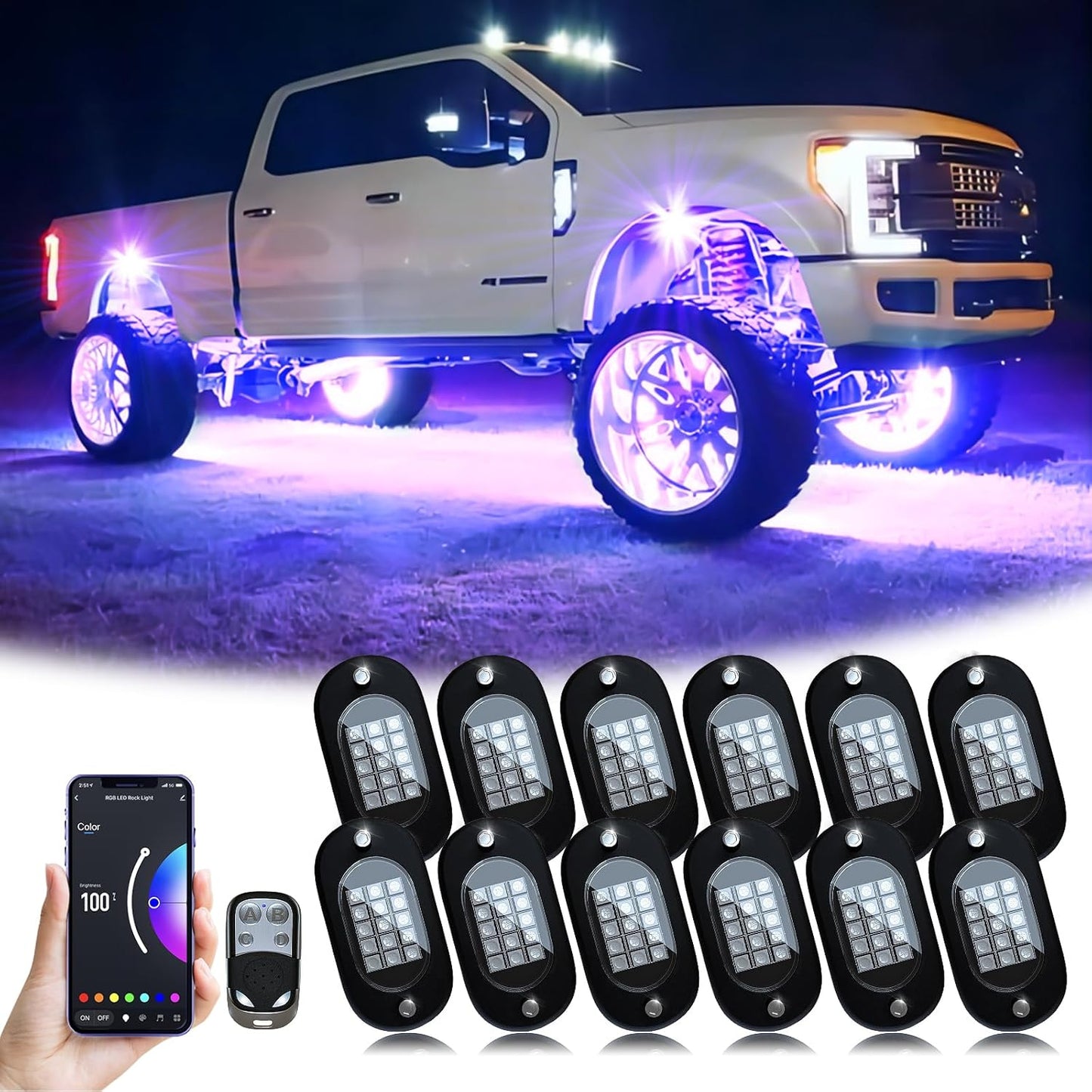 YiLaie RGB LED Rock Lights, 180 LEDs Lights with Phone App/Remote Control & Timing & Music Mode Rock Lights Kits, Waterproof Underglow Light for ATV RZR UTV SUV Off Road AUTO Motorcycle (12 Pods)