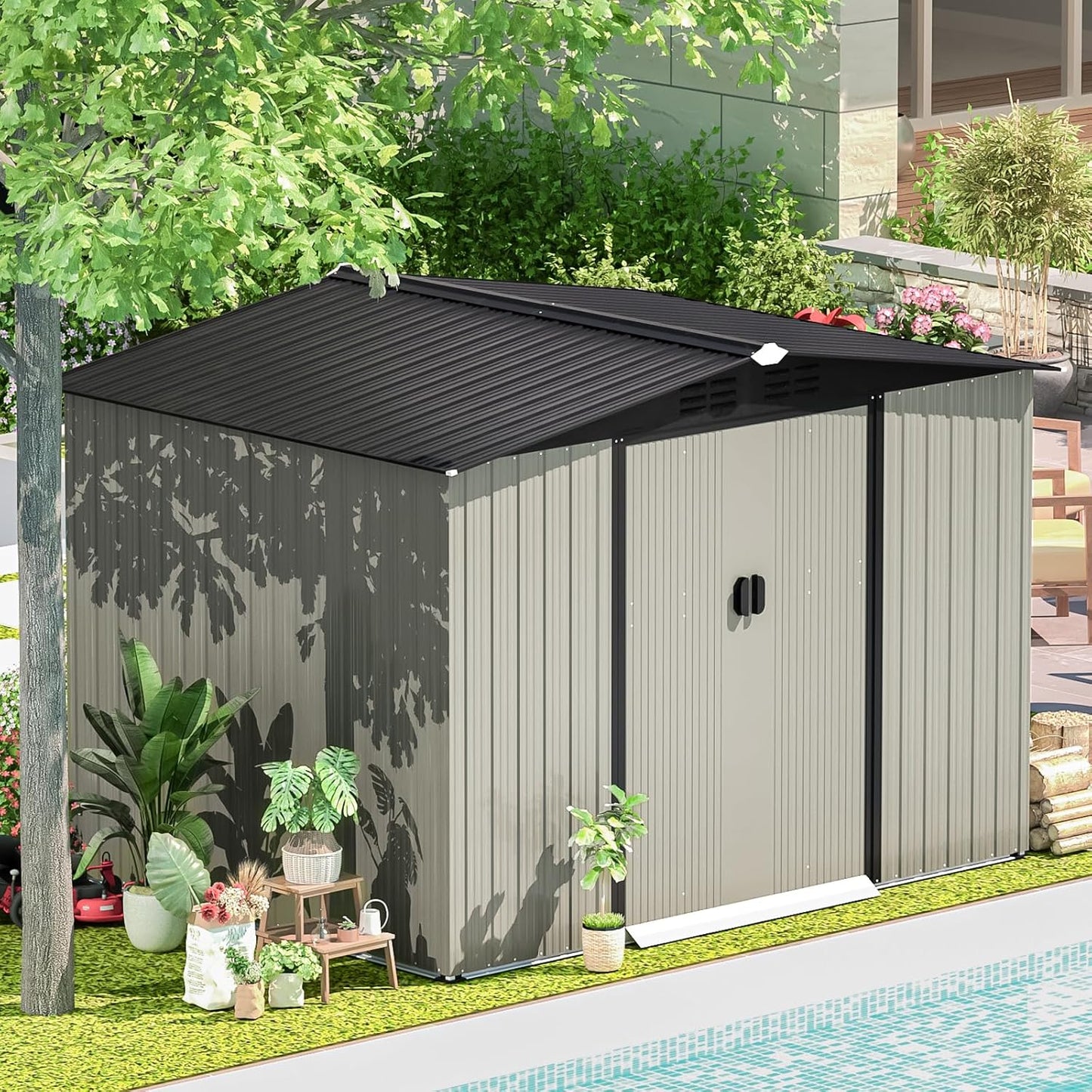 AECOJOY 8 x 6 Ft Shed, Outdoor Storage Tool Shed (Sliding Door), Metal Garden Shed for Yard, Outdoor Storage Clearance in Grey