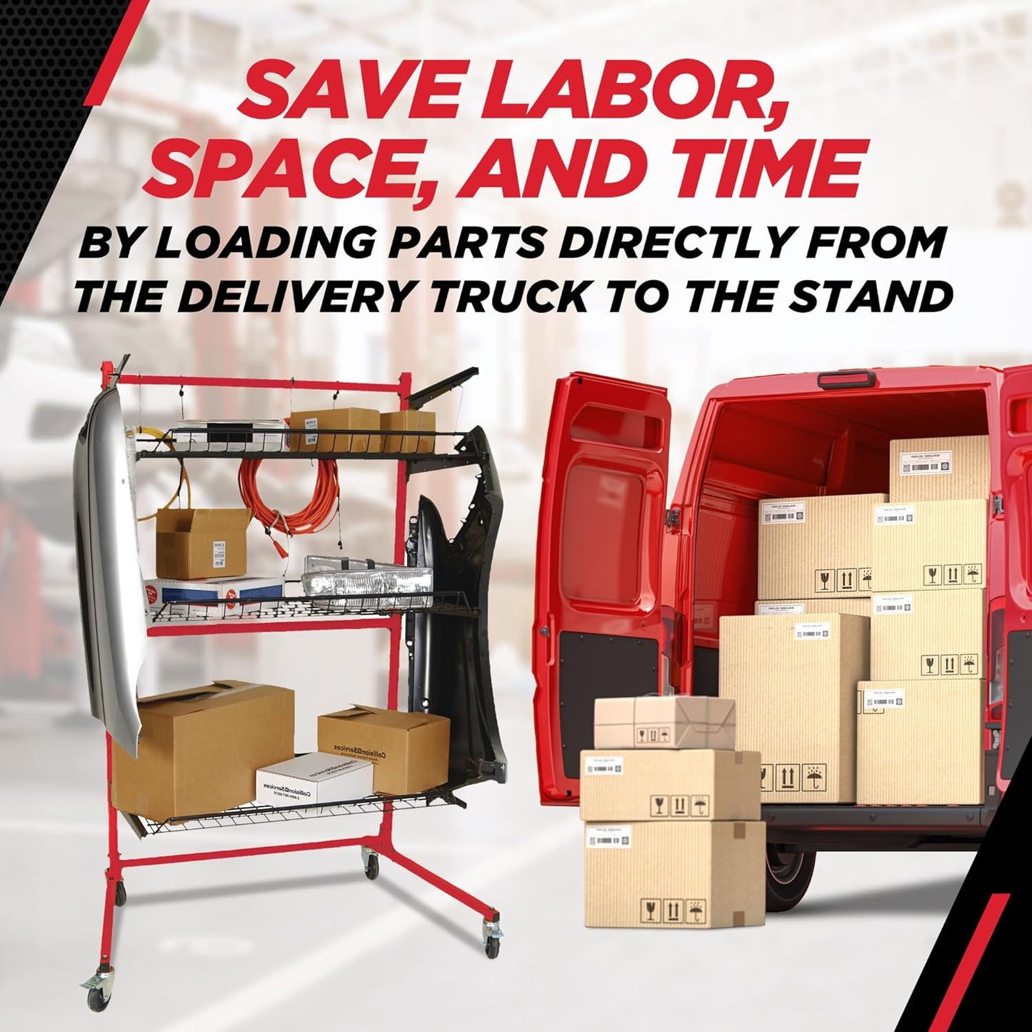 Champ® Parts Caddy Pro™ Auto Body Parts Rack Option 1 with Wheels, All-Steel Cart for Repair Shops and Garages, Locking Casters, 150 lb Capacity Per Shelf, Adjustable Shelves, Powder Coated - Red