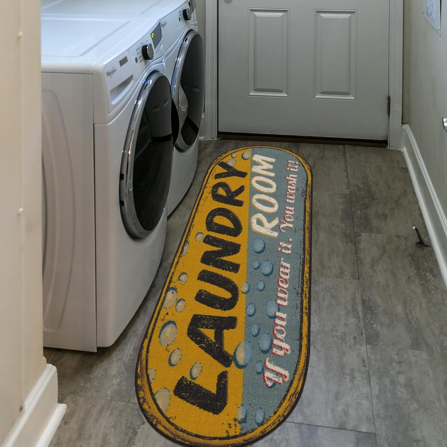 Ottomanson 20" x 59" Oval Laundry Room Rug - Non-Slip Mat for Laundry & Mudroom - Durable, Stain-Resistant, and Easy to Clean - Perfect for High-Traffic Areas - Runner Rug for Entryway, Yellow/Gray