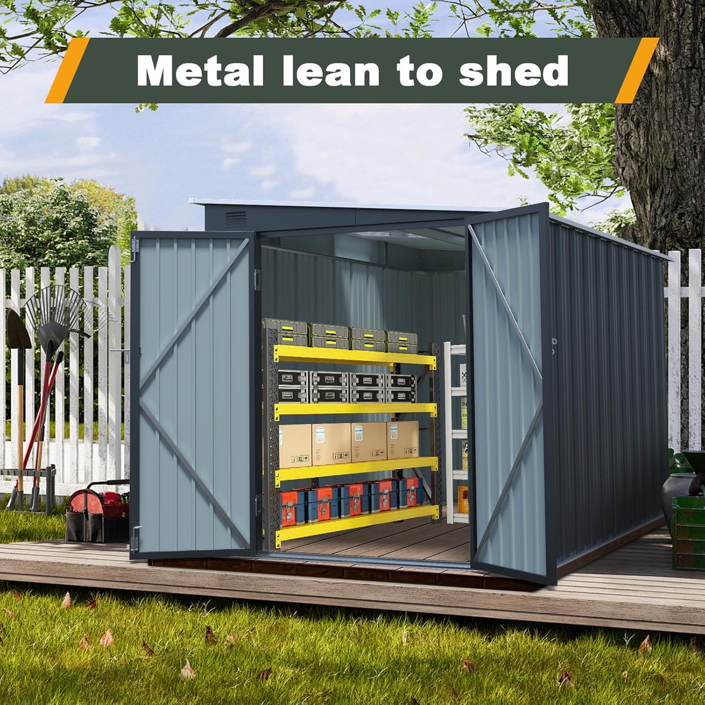 6x8 FT Lean to Shed with Lockable Double Doors, Metal Outdoor Storage Shed with Free PC Light Board for Tools, Outside Storage Shed Waterproof for Backyard, Garden, Patio