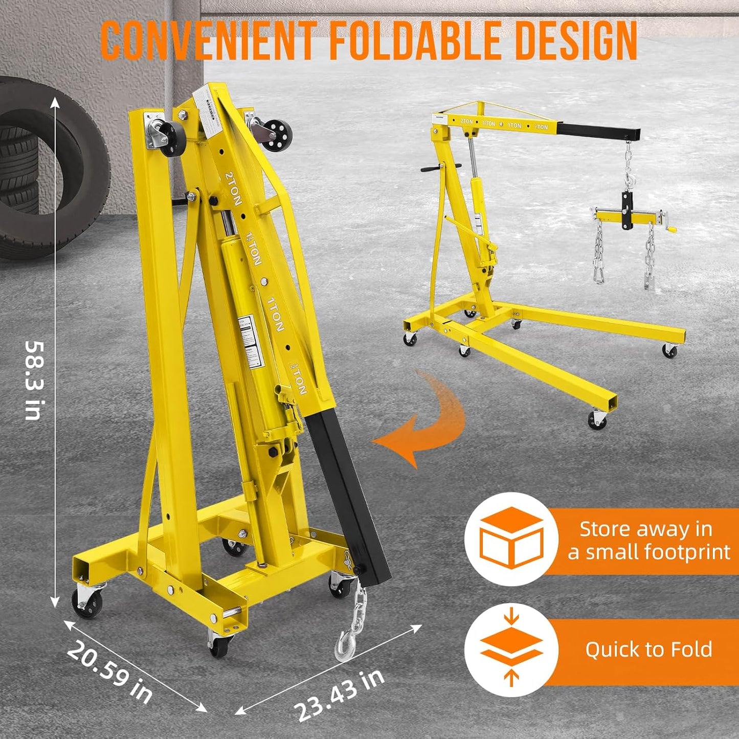 Engine Hoist with Lever, 2 Ton 4000 Lbs Heavy Duty Folding Cherry Picker Engine Lift Hydraulic Tilting, Shop Crane with Lever with 6 Caster for Garage, Car Shop, Auto Repair