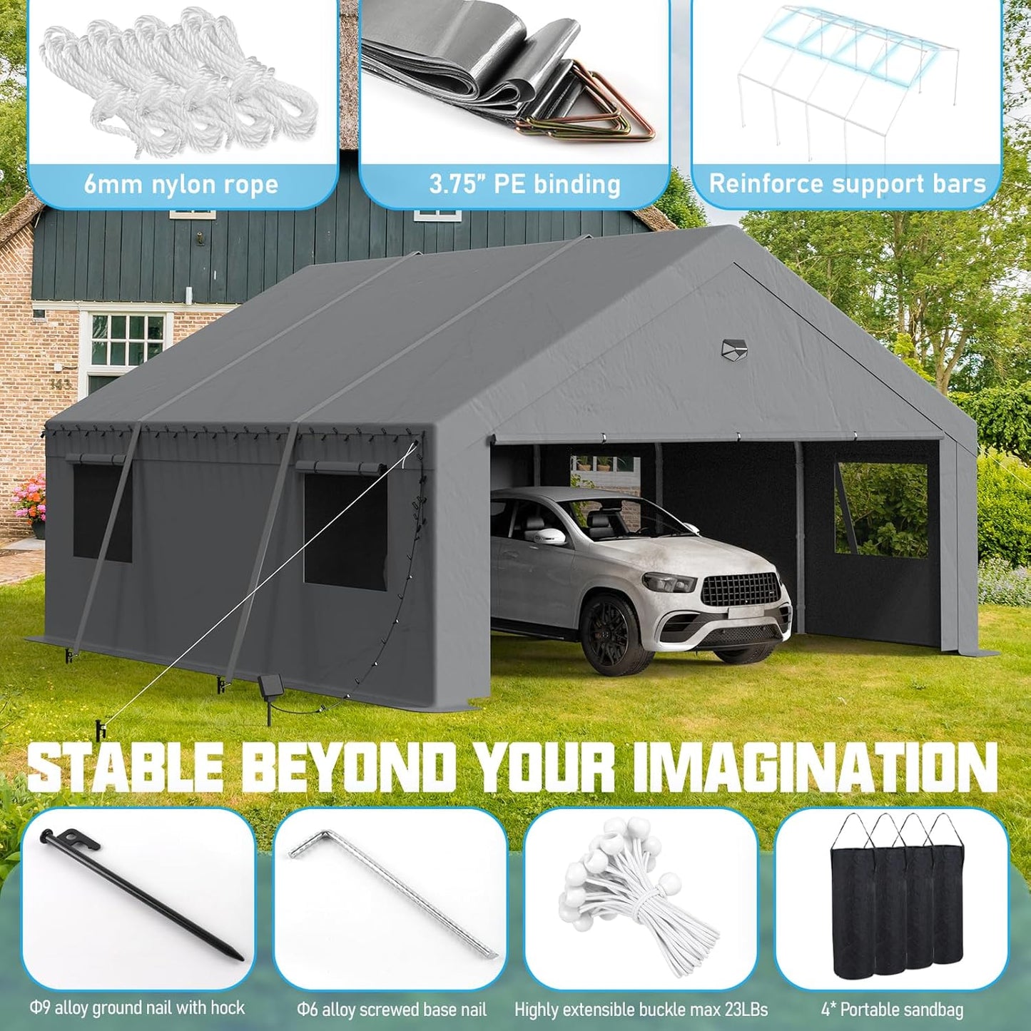 20x20 Carport Canopy, Heavy Duty Car Port, Portable Car Ports Garage with 2 Roll-Up Zipper Drive Through Doors, Grey