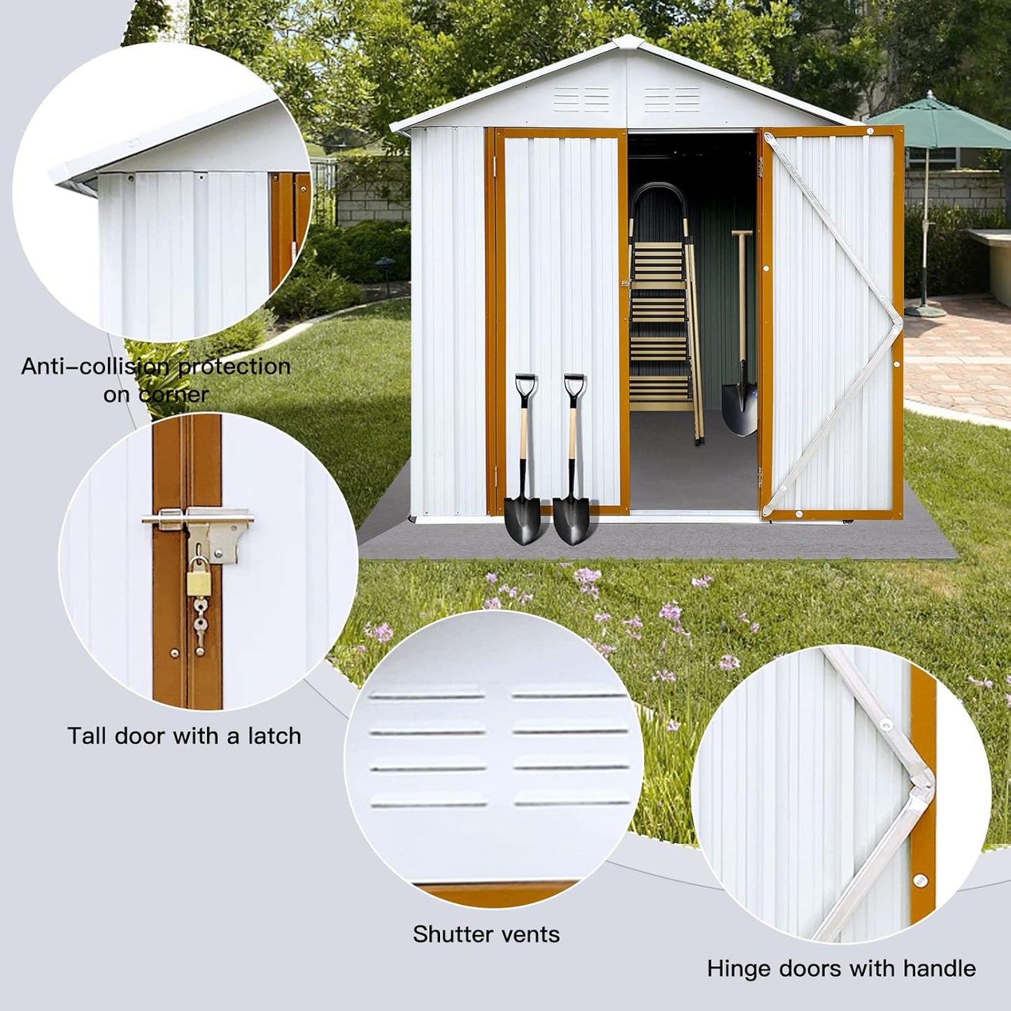 4x6 FT Outdoor Metal Storage Sheds with Apex Roof,Single-Storey Waterproof Roofed Structure Garden Shed w/Lockable Doors,for Lawn Equipment Tool Sundries,White+Yellow