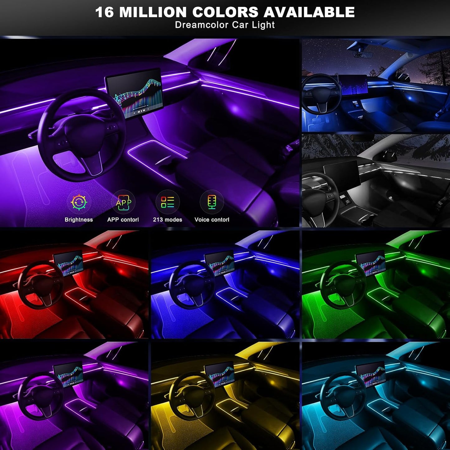 Acrylic Interior Car LED Strip Light with Wireless APP, RGB 14 in 1 with 175 inches 612 LEDs Fiber Optic Strip Lights for Car, Dual Zone Music Sync Neon Car Ambient Lighting Kits