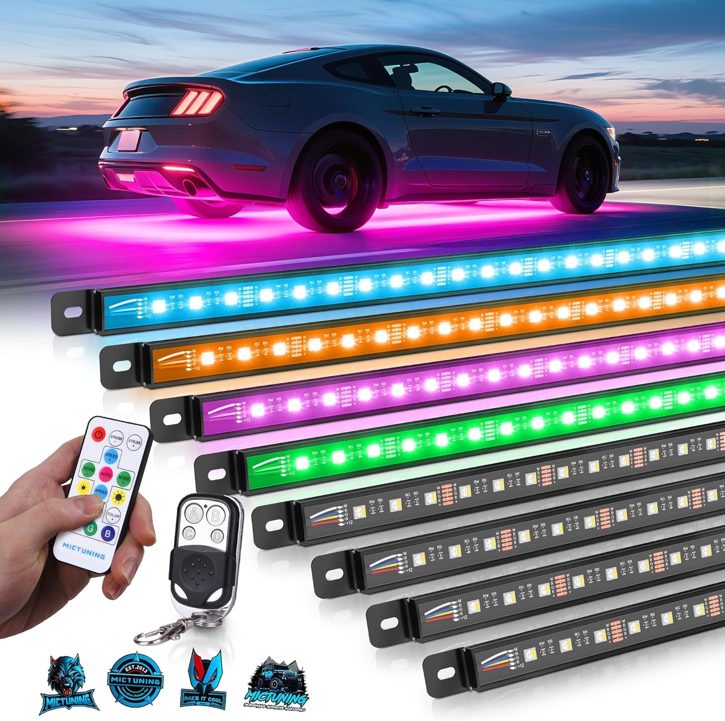 MICTUNING U8 RGBW Underglow LED Light Bars (8-Piece Kit) 888 Ultra-Bright LEDs, Dual Remotes, White+RGB Colors, IP68 Waterproof Aluminum Housing – for Cars, Trucks, SUVs, ATVs