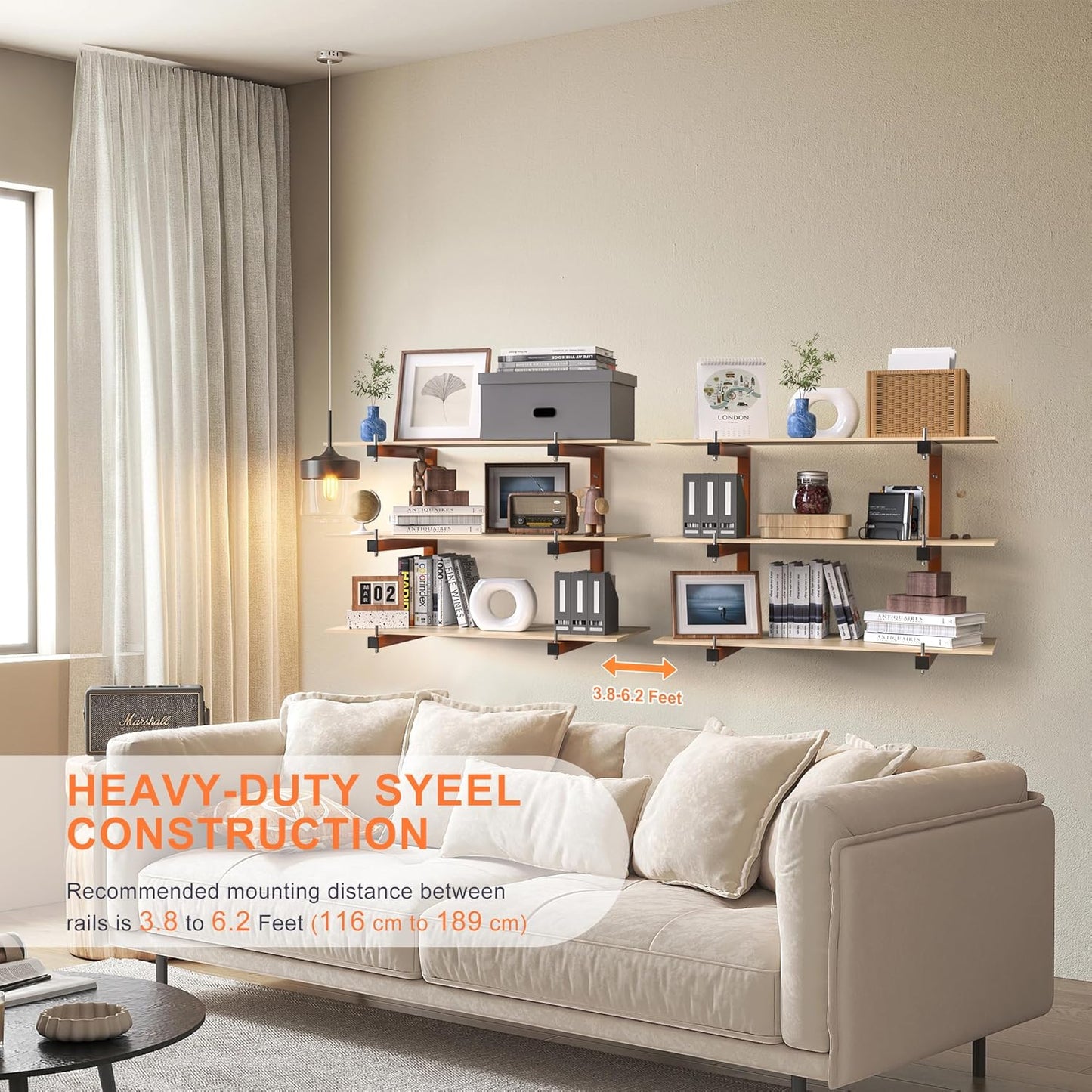 Lumber Rack Wall-Mounted Lumber Storage Rack, Heavy Duty Wood Storage Racks with 9-Level System, 1980 LB Sturdy Garage Wood Organizer, Orange Lumber Metal Racks for Indoor and Outdoor (6 Pack)