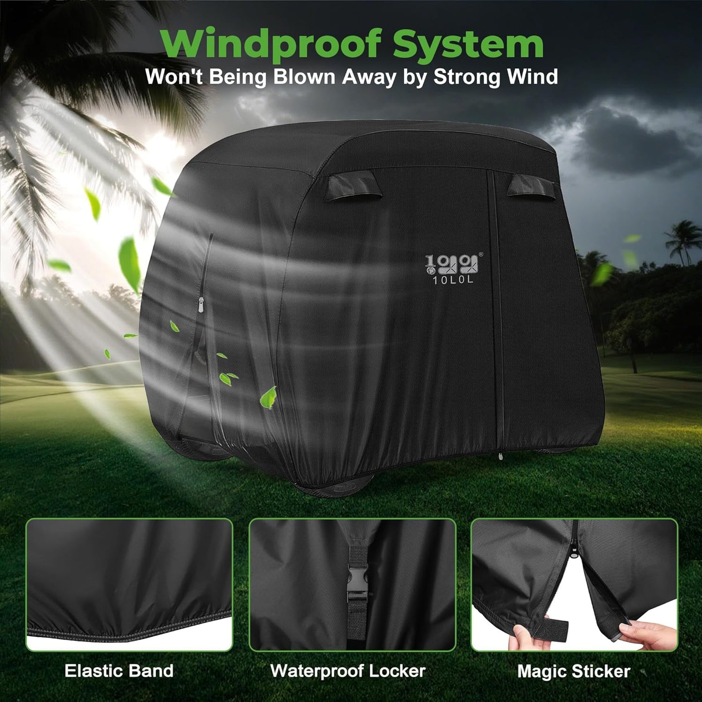 10L0L 4 Passenger Golf Cart Cover for Yamaha EZGO Club Car, 400D Polyester All-Weather Waterproof Golf Cart Storage Cover with Three Zipper Doors-Black