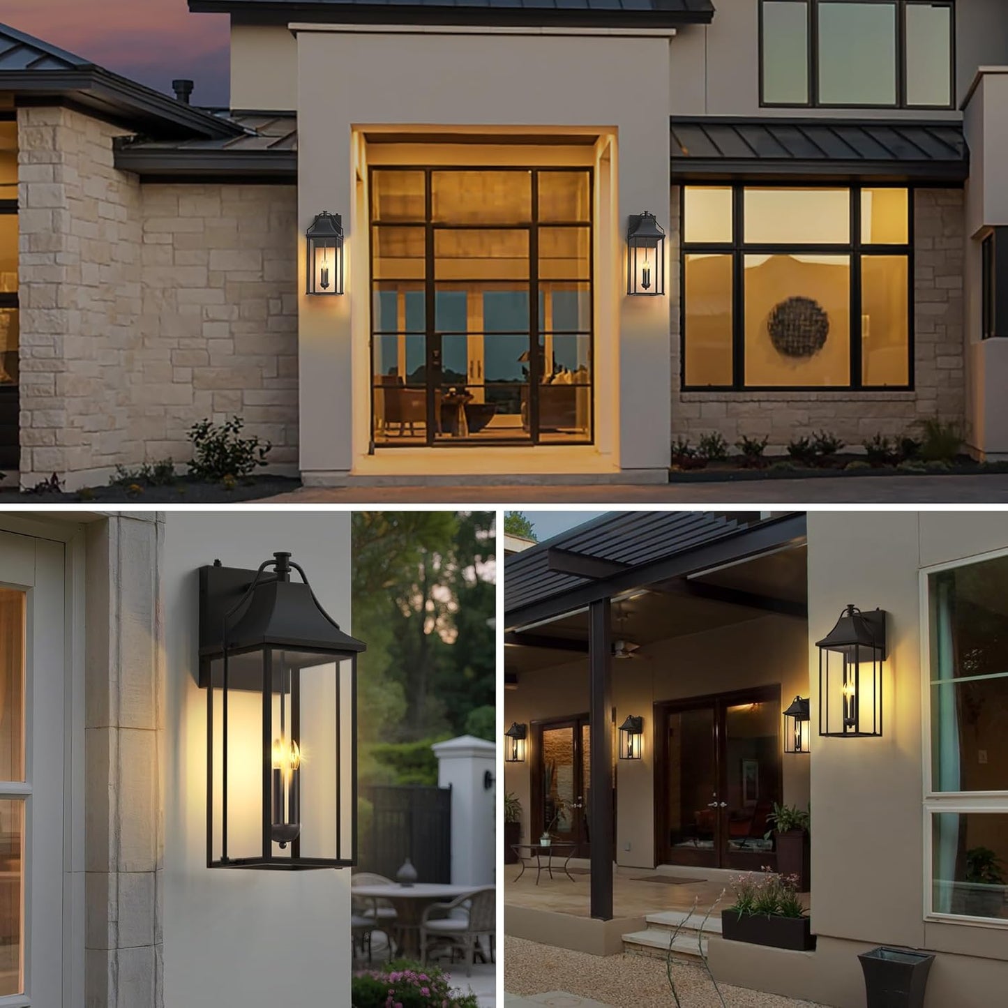𝟐𝟓-𝐈𝐍𝐂𝐇 Dusk to Dawn Outdoor Wall Light, Large Size Waterproof Patio Lanterns, 3-Light Exterior Wall Mount Lantern Sconce with Glass, Black Wall Sconces for House Garage Front Door
