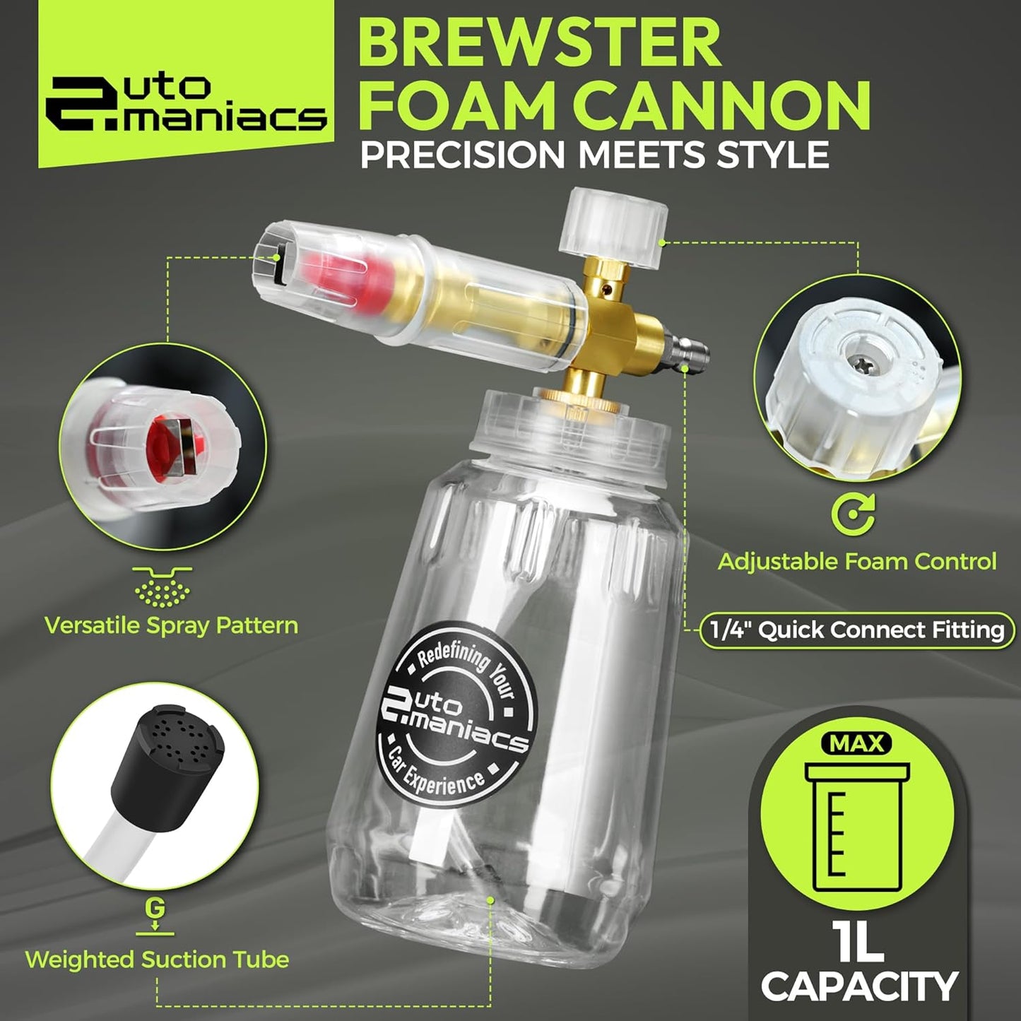 AutoManiacs Foam Cannon for Pressure Washer, Adjustable Car Wash Sprayer with 1/4 Inch Quick Connector, 1L Durable Snow Foam Blaster for Car & Truck Washing