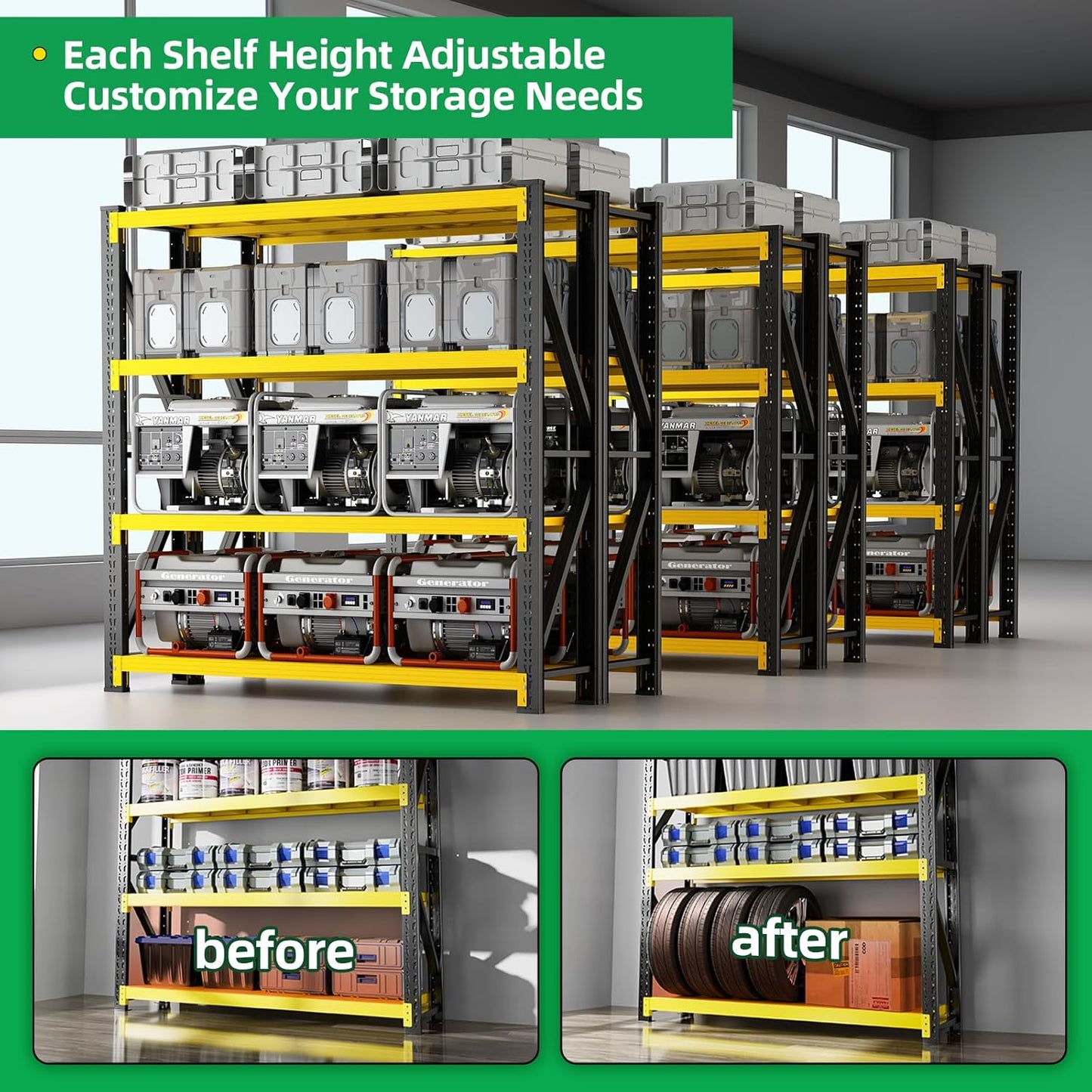 3000LBS Heavy Duty Storage Shelves,63''H Metal Garage Shelving, 4-Tier Adjustable Garage Organization Shelving Units, Industrial Shelving for Warehouse,Workshop- Black & Yellow