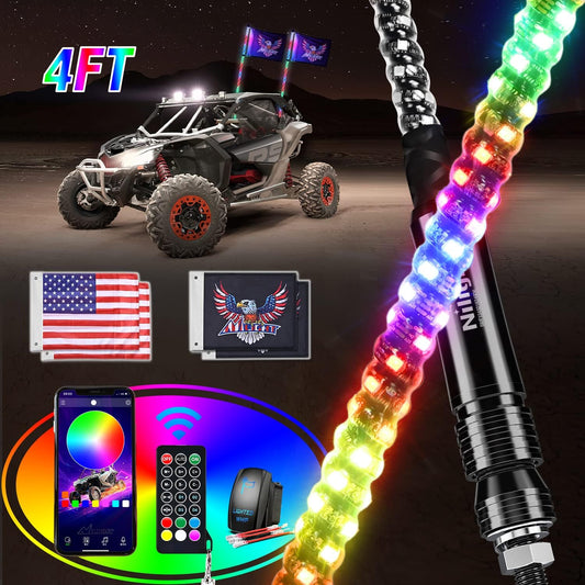 Nilight 2PCS 4FT RGB LED Whip Lights, Remote App Control w/DIY Chasing Patterns Stop Turn Reverse Modes Safety Lighted Antenna for ATV UTV Polaris RZR Can-am Dune Buggy Jeep