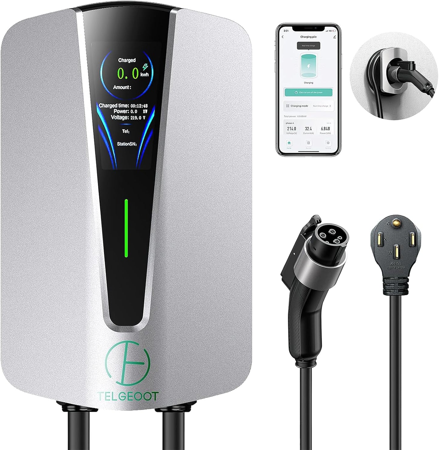 Level 2 EV Charger 48Amp, Indoor/Outdoor Electric Car Charger EVSE SAE J1772, NEMA 14-50 Plug, 25ft Cable, Start Charge Timer, WiFi Enabled