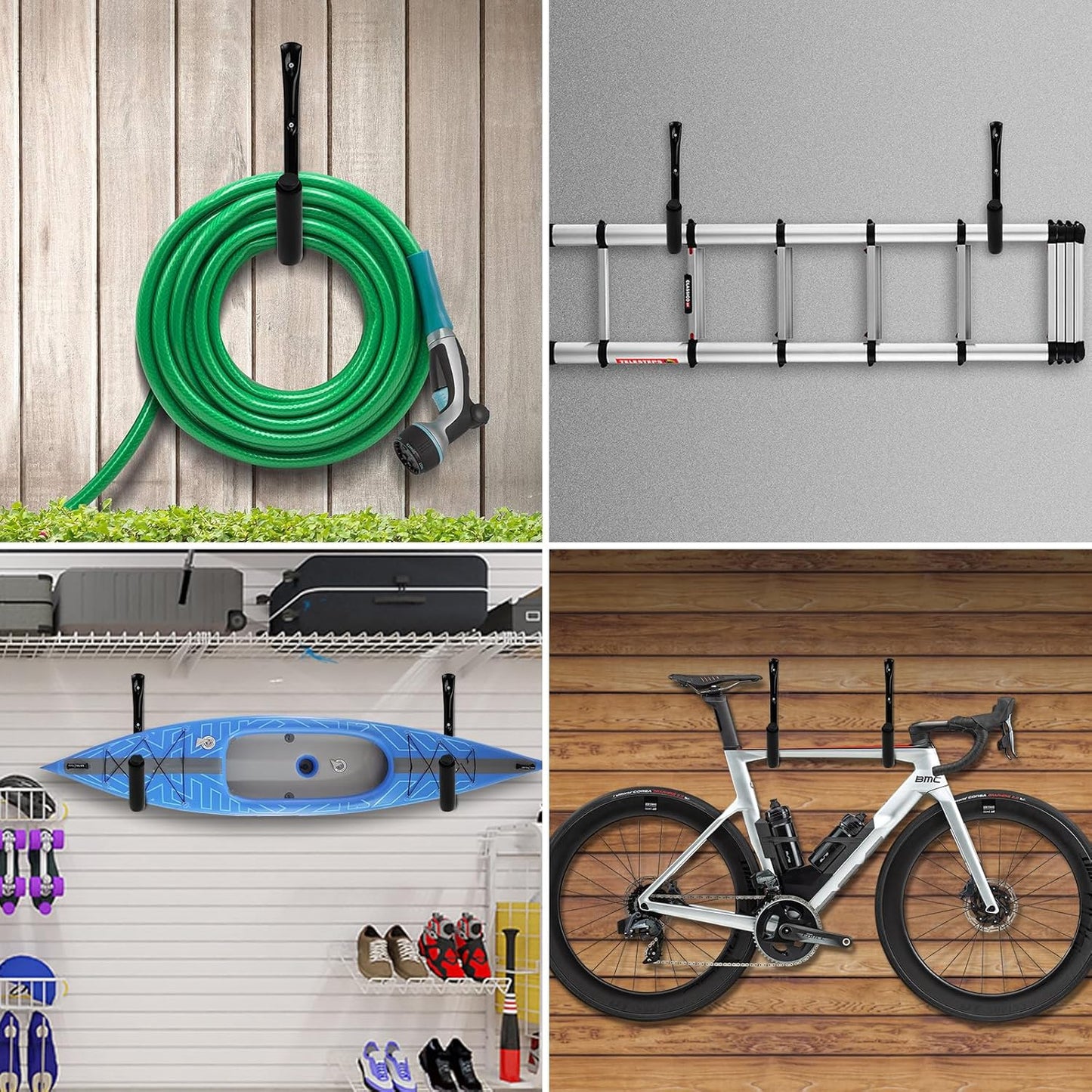 KURUI Heavy Duty Kayak Storage Rack, 100 LB (15") Wall Mount Hooks for Hanging Indoor/Outdoor, 8 Pack Large Garage Hooks for Ladder Kayaks Surfboards, Black Organization Hangers, Kayak Accessories