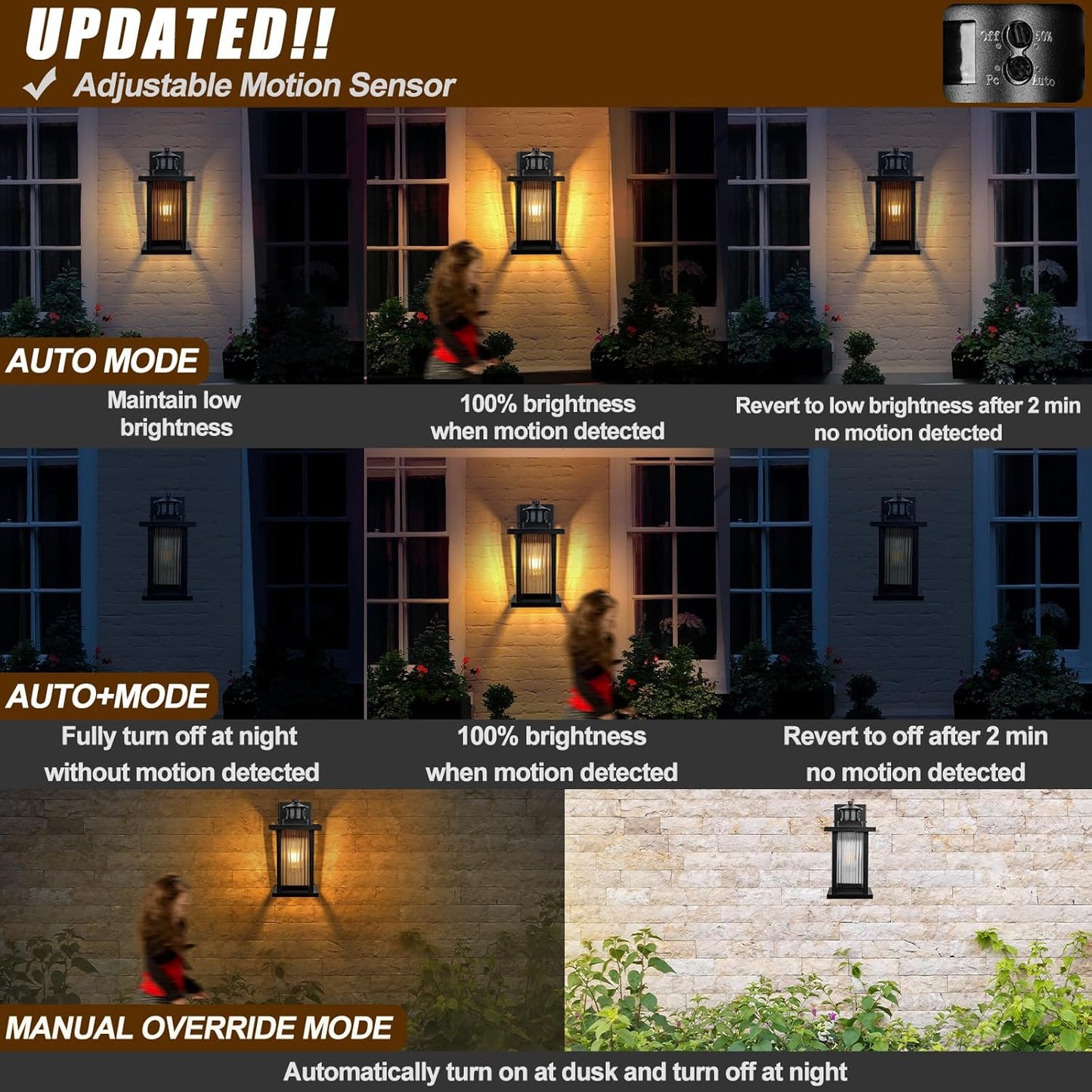 Porch Lights Outdoor Motion Sensor 2 Packs, Black Dawn to Dusk Outdoor Wall Light Fixture, Exterior Motion Sensor Light with Glass Shade, Rust Proof Motion Sensing Front Porch Light