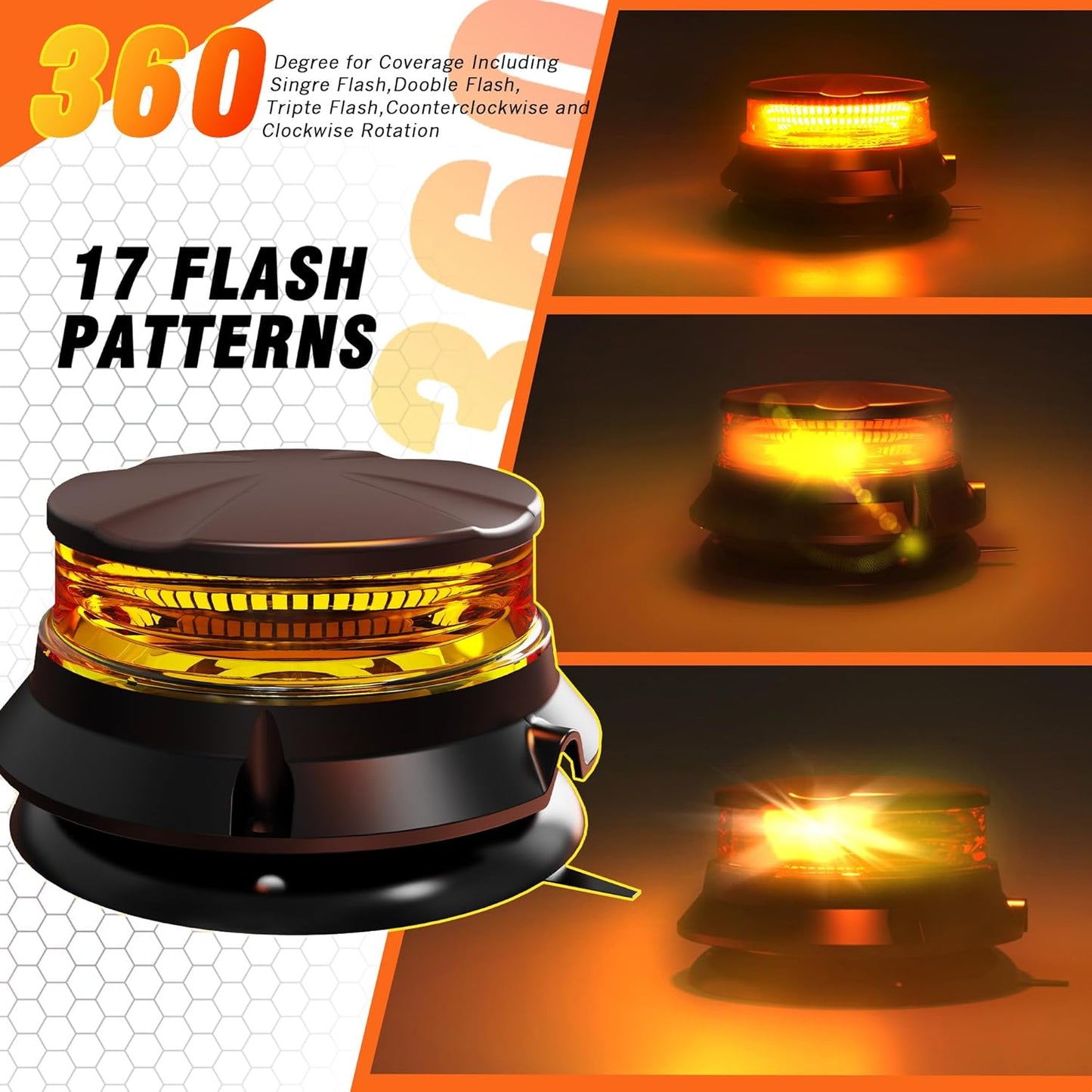 WINECO LED 앰버 스트로브 신호등, 안전 경고 비상 위험 회전 플래시 라이트, 지게차, 트랙터, 골프 카트, ATV, 우편 자동차, 12-24V 마그네틱 베이스 및 영구 마운트