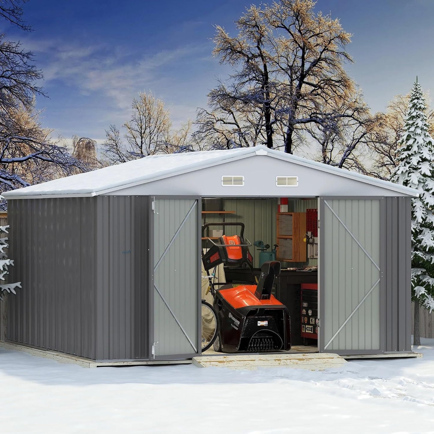 Greesum 10×10FT Outdoor Storage Shed, Metal Patio Storaged Sheds with Lockable Doors, Sheds & Outdoor Storage for Bike, Backyard, Pool and Garden, Gray