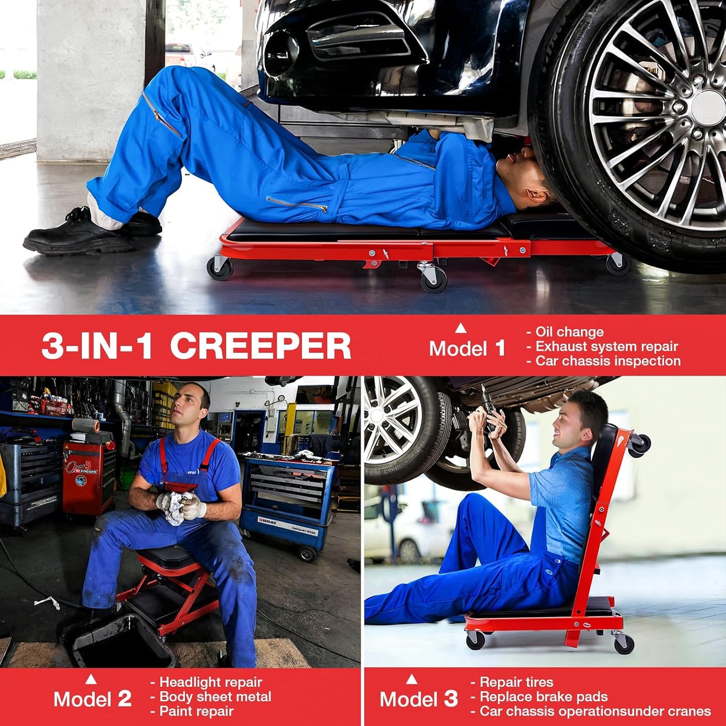 Mechanic Creeper 40inches 3-in-1 Z Seat 480lbs Capacity, Foldable Garage Chair Adjustable Rolling Folding with 6pcs Wheels Roller, Lay Down Sit Lean Back, Under Car Shop Auto Repair Man Gift