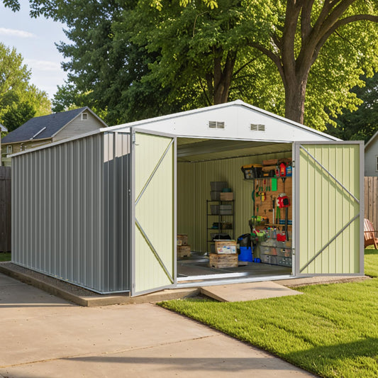 Patiowell 10 x 12 FT Metal Storage Shed for Outdoor with Floor Frame, Steel Yard Shed with Design of Lockable Doors, Utility and Tool Storage for Garden, Backyard, Patio, Outside use, Grey