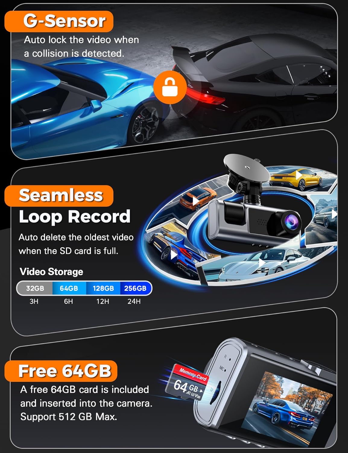 3 Channel WiFi Dash Cam Front and Rear Inside with 64GB SD Card, 2.5K+1080P+1080P Car Dash Camera for Cars Front and Rear, Dashcam with G-Sensor, Loop Recording, 24H Parking Mode, Support 512GB