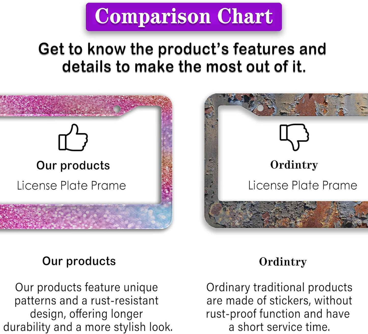 License Plate Frame Multicolor License Plate Holder Shining Rainbow Gradient Sparkle Glitter Women Aluminum Metal Car Accessory 2 Pack with Screw Covers Set