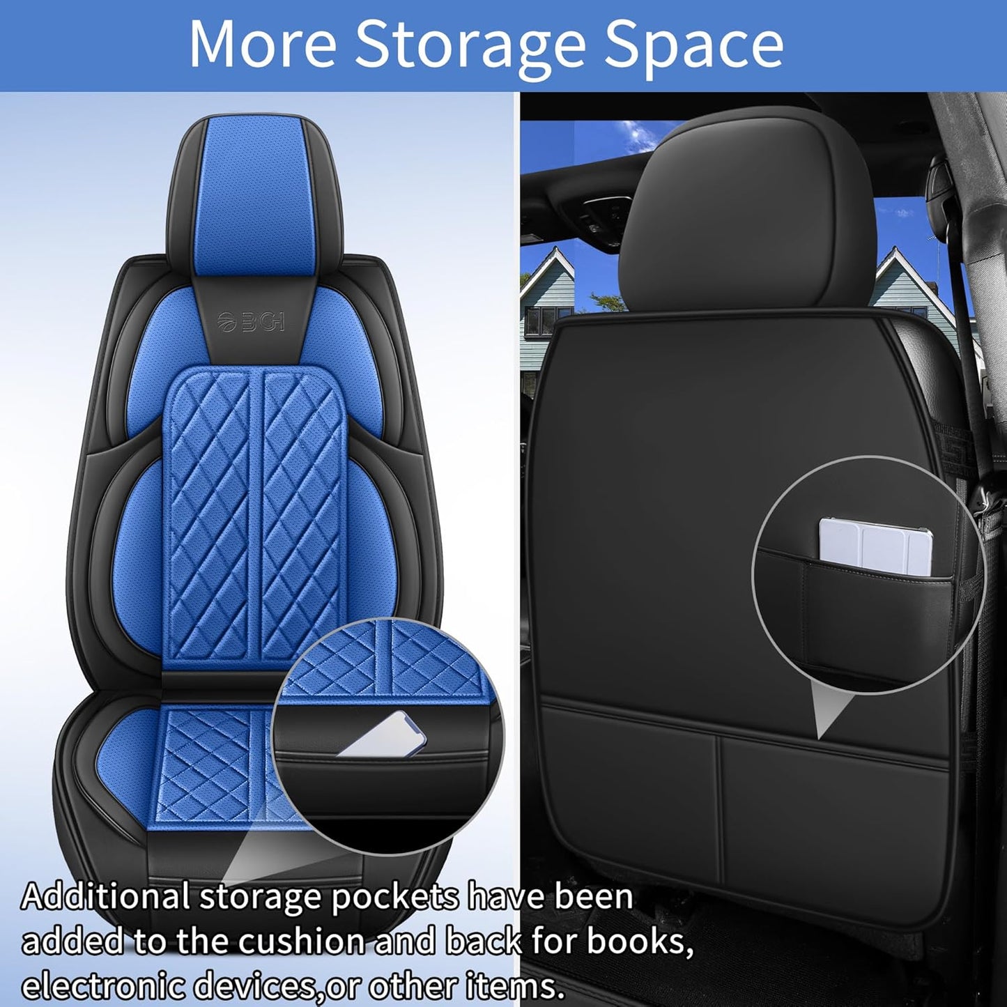 Car Seat Cover Custom Fit for Dodge Ram 1500 2500 3500 2002-2024 Faux Leather Seat Cover Set Compatible with Crew Quad Regular Cab Pickup Truck Cushions (Black & Blue, Full Set, Curved Rear)