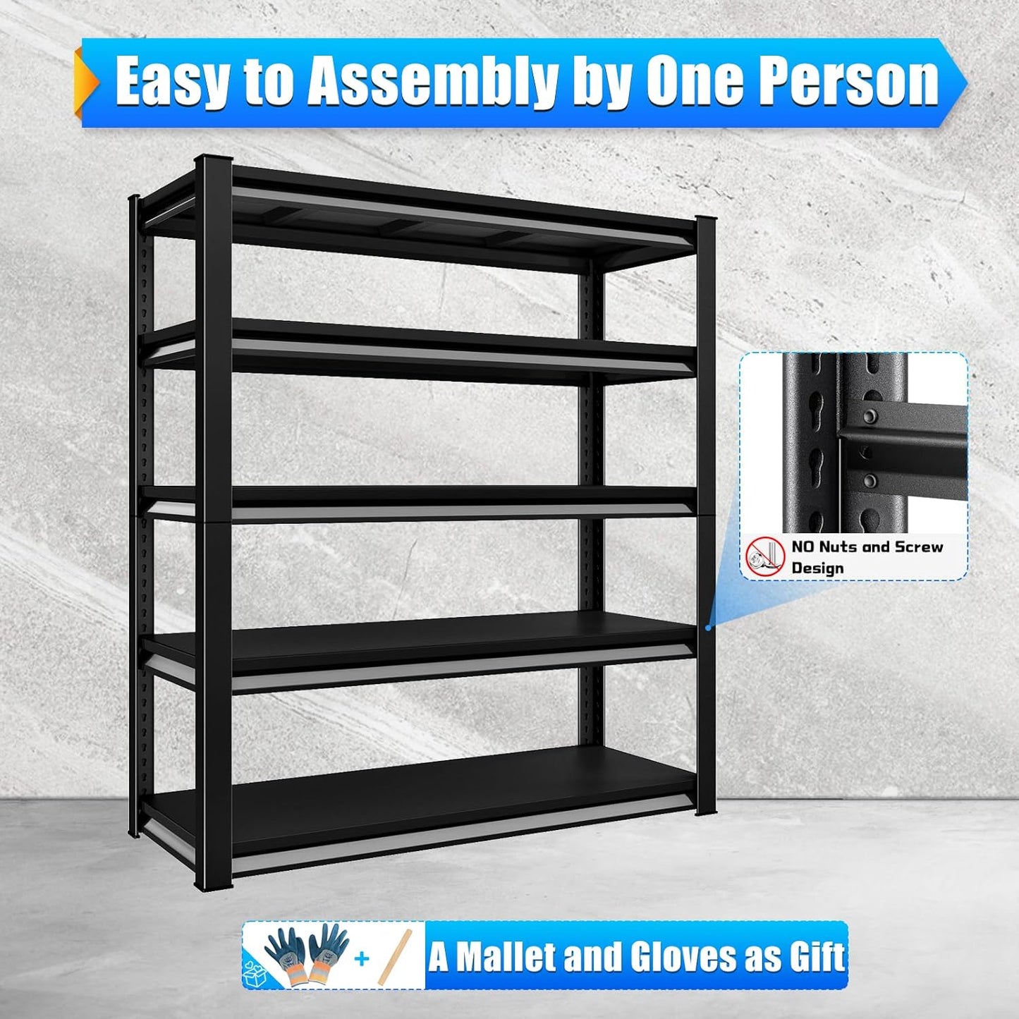 48" W Garage Shelving Heavy Duty，2800LBS Loads Adjustable Garage Storage Shelves,5-Tier Metal Storage Racks and Shelving Units, Utility Rack Shelves,48”W x 18”D x 78”H,Black