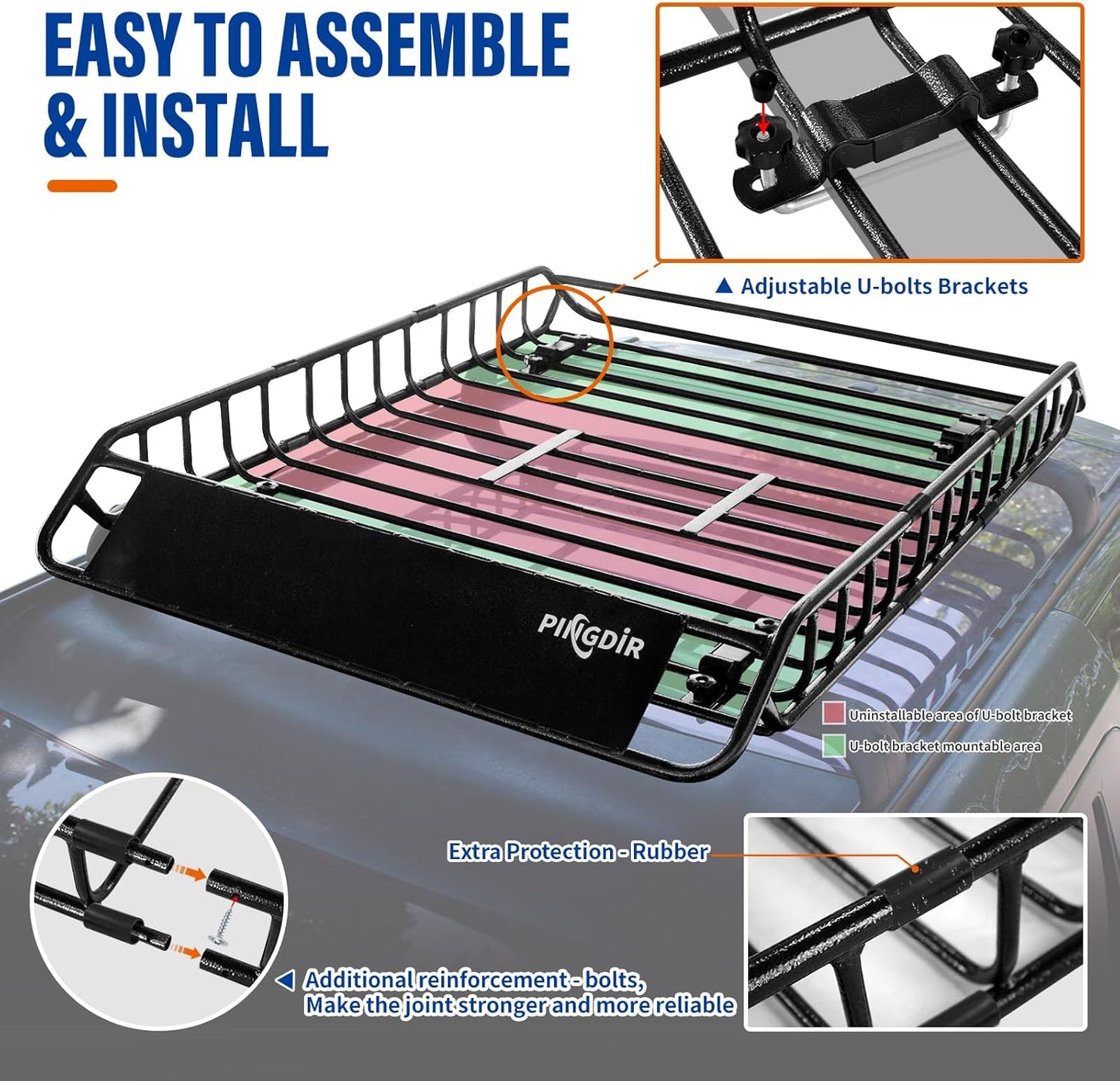 Roof Rack Basket 51" X 36" X 5" Rooftop Rack Cargo Carrier Universal, Waterproof Cargo Bag 44 * 35 * 16", Cargo Net with Attachment Hooks, 2 pcs Ratchet Strap,Roof Pedal