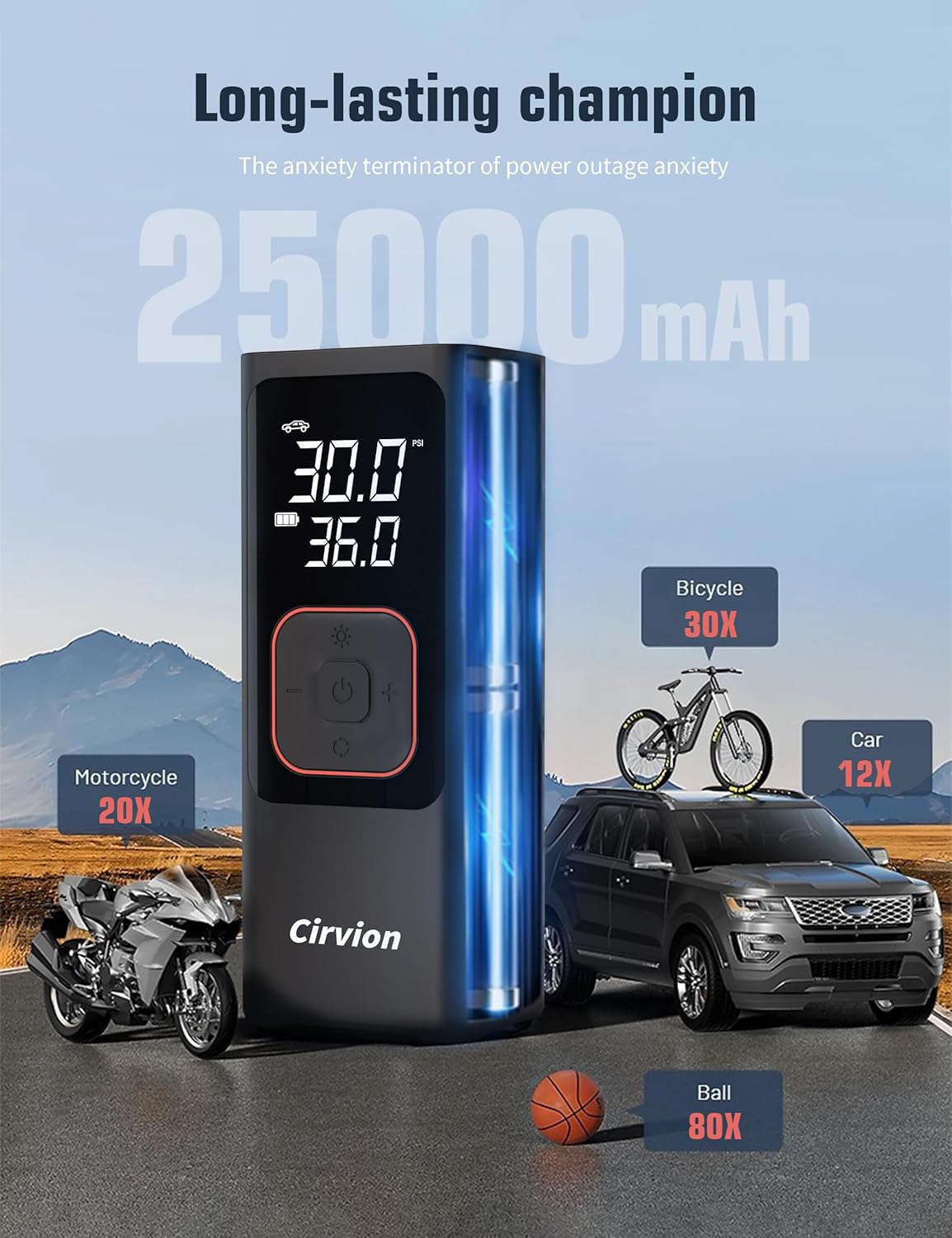 Tire Inflator Portable Air Compressor, 3X Faster 25000mAh 160 PSI Air Pump for Car Tires- Cordless, with Pressure Gauge, LED Light & Digital Display, for Car, Pickup, Truck, Motor, E-Bike and More