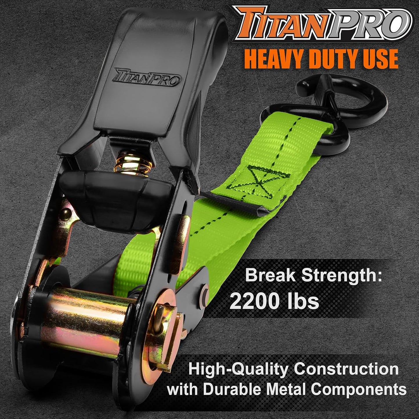 TitanPro Heavy Duty Ratchet Straps 4-Pack - 2,200lb Break Strength, 1" x 15' Rachet Tie Downs with Padded Handles - Heavy Duty, Truck, Motorcycle, Moving Straps (Green)