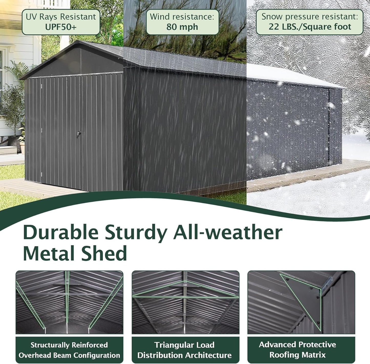 Domi 12’x15’ Outdoor Metal Garage Shed, Weatherproof Enclosed Carport with Sidewalls & 2 Lockable Doors, Backyard Storage Shed for Car, Bike, Motorcycle, Lawn Mower, 80MPH Wind Resistance, Dark Grey
