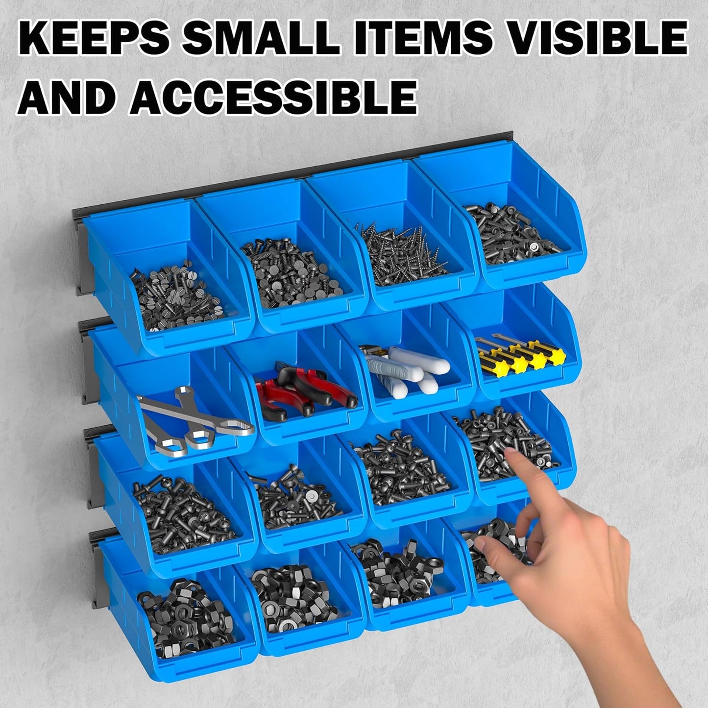 Ultrawall Wall Mounted Storage Bins, Plastic Hanging Storage Organizer Bins, Garage Tool Storage System for Screws, Nuts, Bolts, Nails, and Small Hardware Parts, 16x bins & 4 x rails, Blue