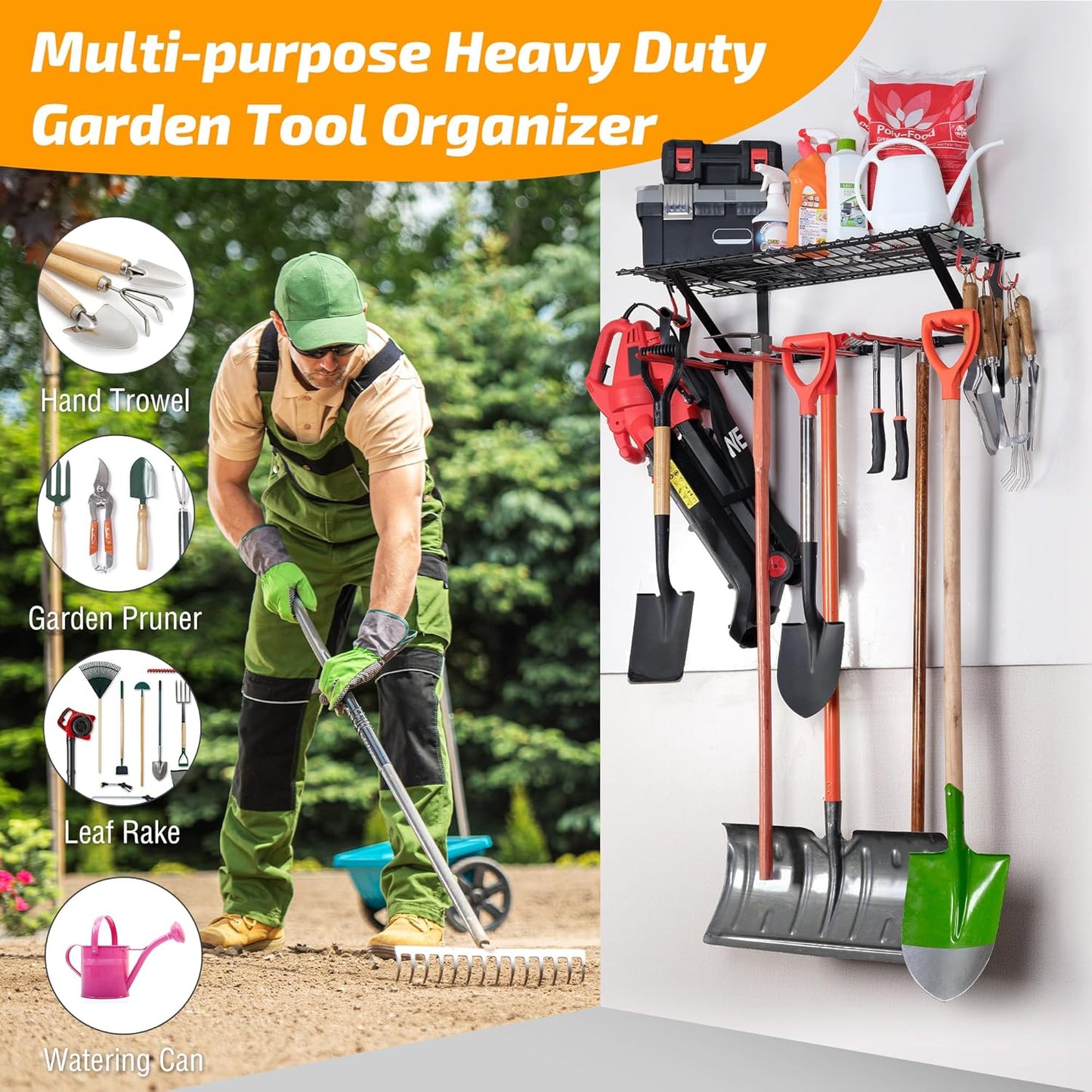 PLKOW Wall-Mounted Ski Rack, Skis Storage Rack for Garage Shed with Top Storage Shelf, Customizable Spacing, Supports Up to 280 lbs, Steel