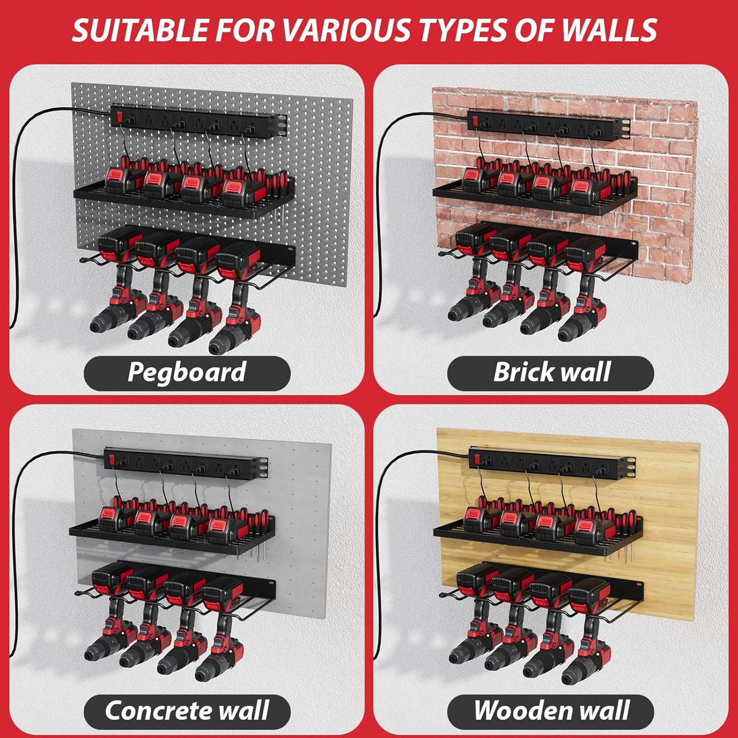 Power Tool Organizer With Charging Station, Wall Mount Drill Holder, Screwdriver and Battery Organizer, Heavy Duty Rack for Garage, Workshop, Tool Room, Workbench