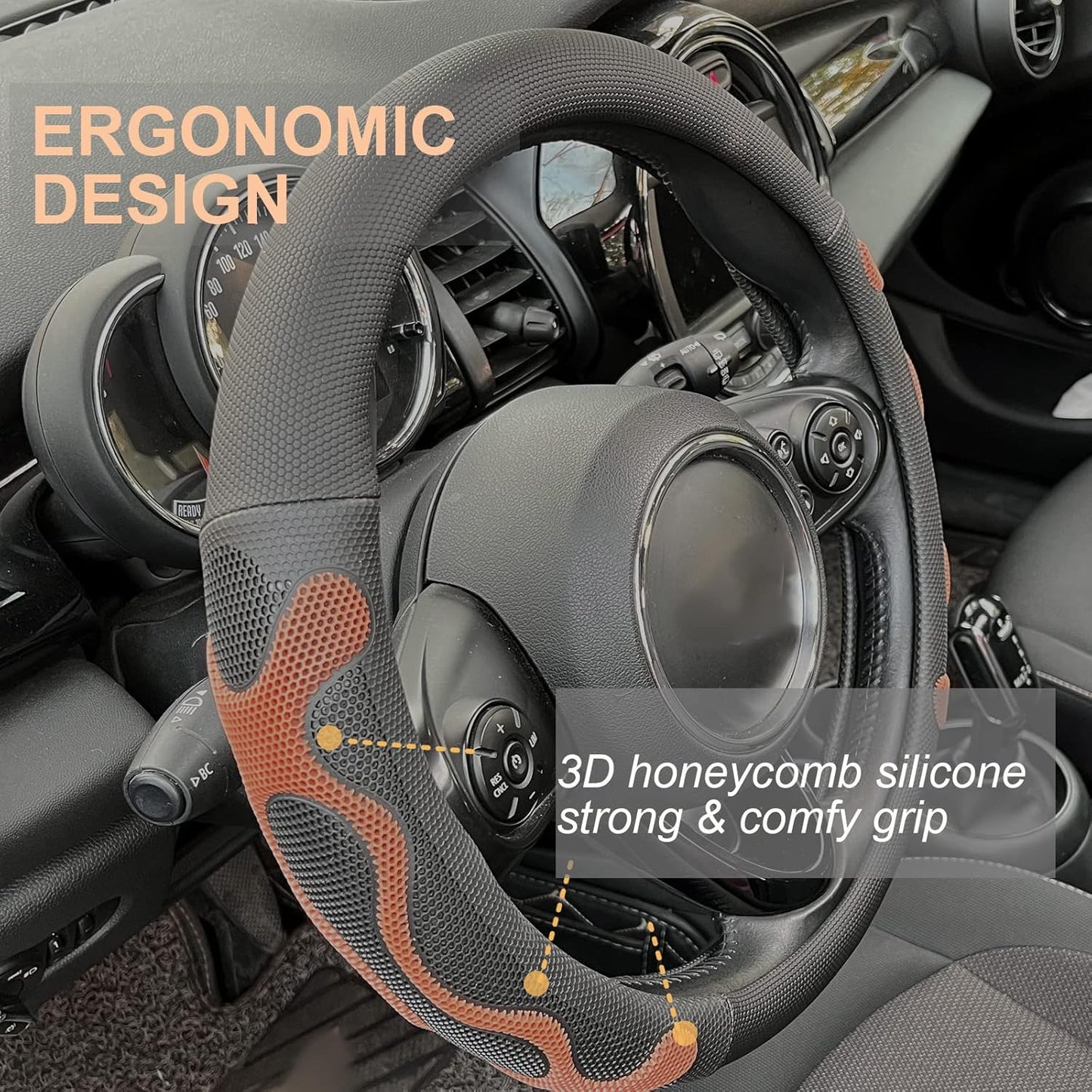 PINCTROT Large Size Comfy Grip Steering Wheel Cover, Anti-Slip Design, 15.5-15.75 Inch(Silicone Brown)