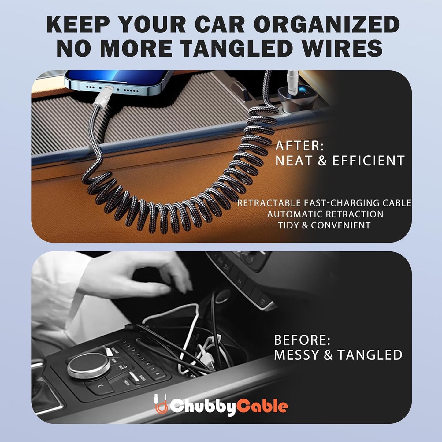 chubbycable Curly Chubby - Retractable Fast Charging Cable 240W Coiled Charger Cord for Car Durable USB-C Cable for Phones, Tablets and More, Black, USB-A to Type-C, 1.3FT-2.3FT