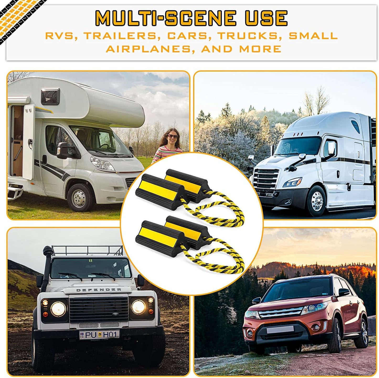 4 Pair Heavy Duty Wheel Chocks for RV Trailer, Rubber Wheel Stoppers, Dual Blocks, Non Slip Tire Chock with Nylon Rope Reflective Tape for RV Camper Travel Trailers Car Truck (Yellow)