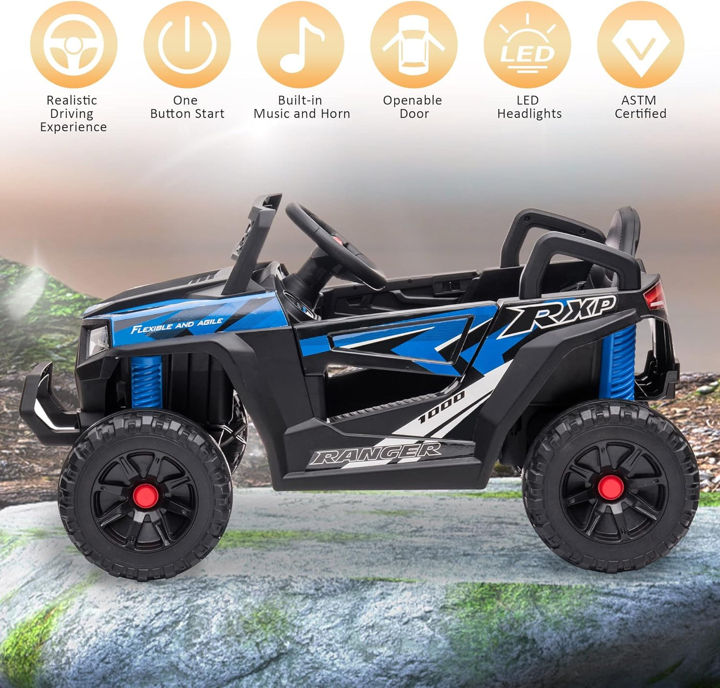 TOBBI 12V Kids Ride on Car, Electric Off-Road UTV Truck with Forward and Reverse Functions, Double Open Doors, Safety Belt, Horn, Music, and Lights for Kids Aged 3-5 Years (Blue)