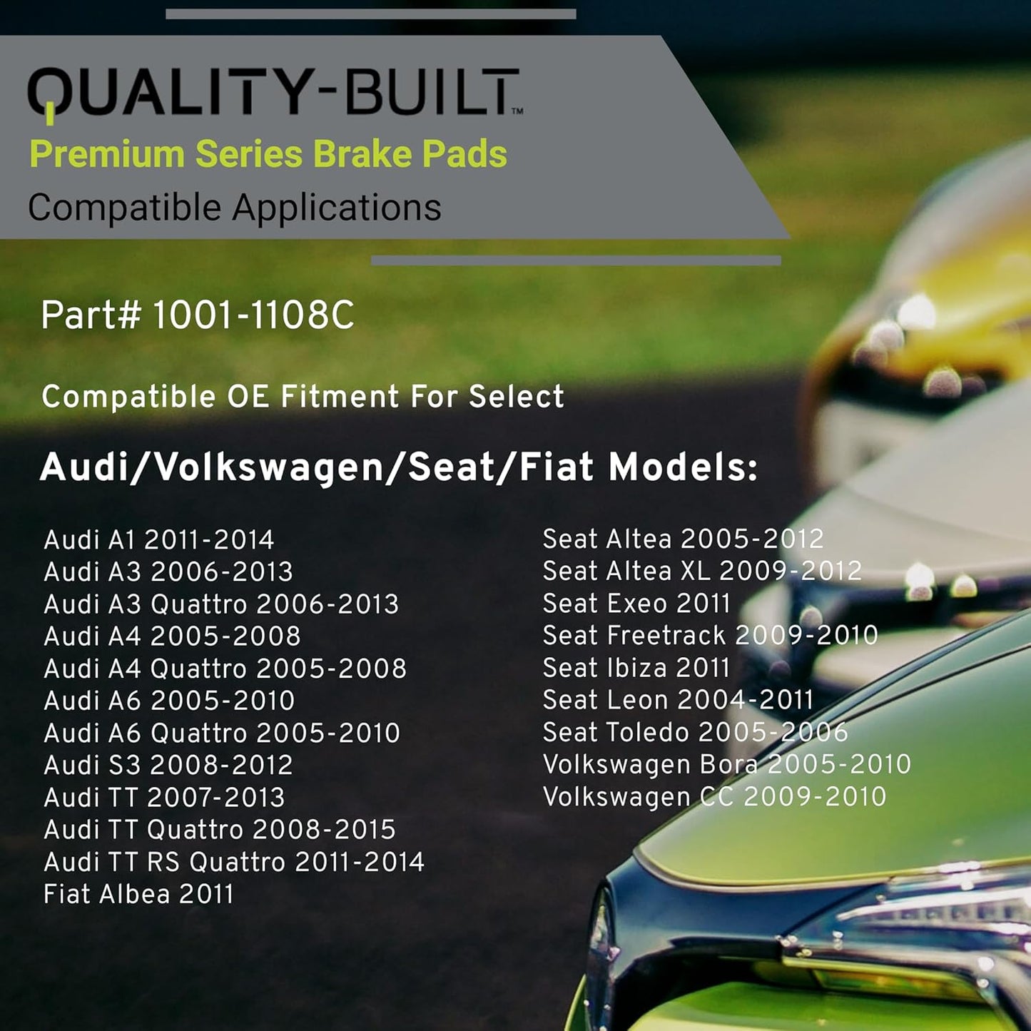 Premium Ceramic Rear Brake Pads (1001-1108C) Compatible with 2004-2018 Audi/Fiat/Volkswagen (A3/A4/A6/GLI/Golf/Golf R/GTI/Jetta/Passat/S3/Tiguan/TT Quattro/TT RS Quattro & More)