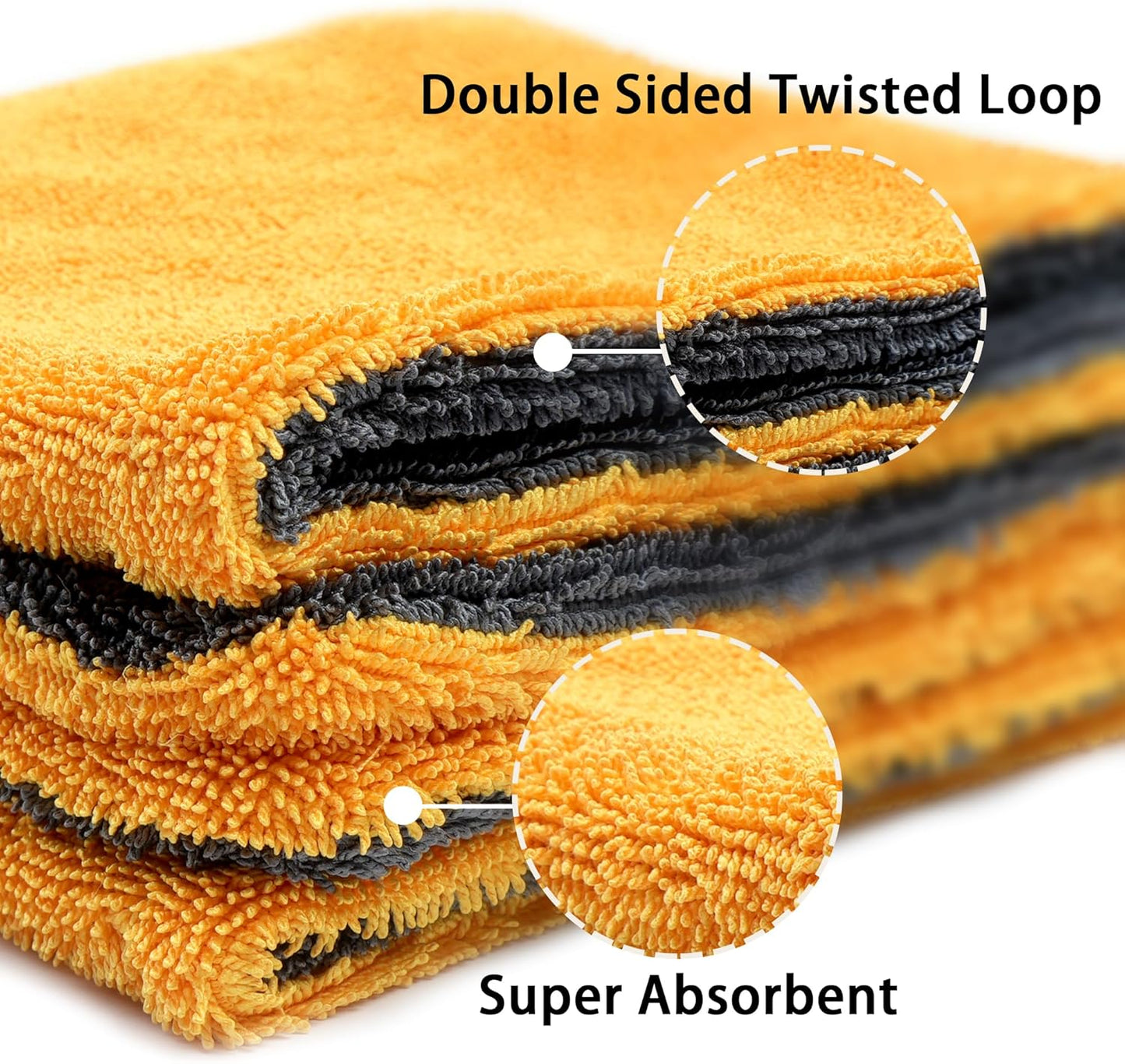 LIVOS Car Drying Towel, Premium Microfiber Towels for Cars, 1000GSM, Edgeless Twisted Loop Design, No Streaks, Scratches, or Water Spot, Absorbent Wash Towel, 18" x 24" (Yellow&Grey)