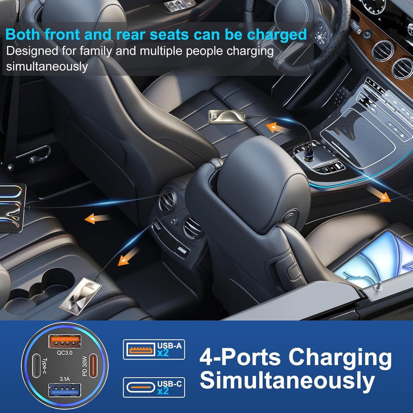 Car Charger USB C, 2Pack 4-Port 65W Cigarette Lighter USB Charger Fast Charging,Dual USB-C & USB-A Car Phone Charger Adapter Accessories for iPhone 16e 16 15 14 13 Pro Max,iPad,Samsung,Tablet,Android