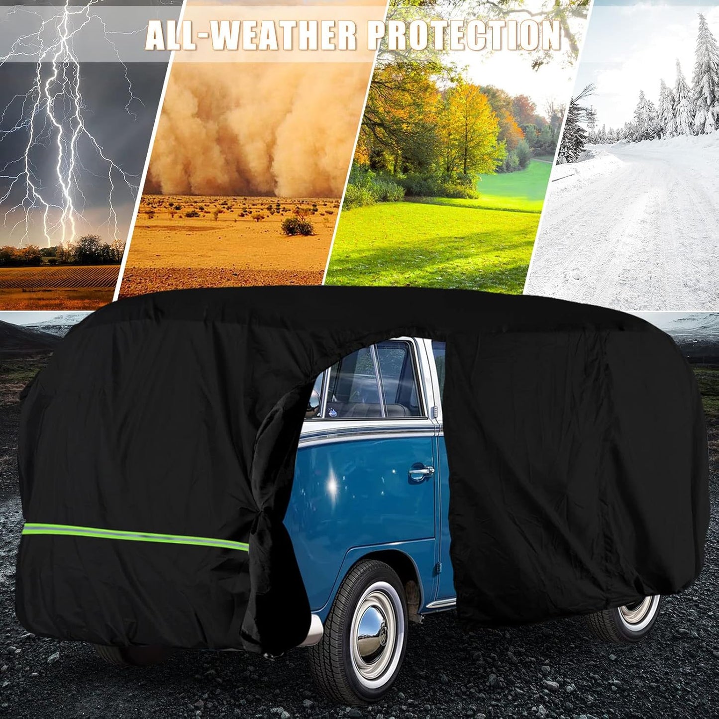 Car Cover Waterproof All Weather Compatible with 1950-1992 VW Bus T1 T2 T3, Volkswagen Vanagon Full Car Cover with Door Zipper, Windproof Strap, Storage Bag