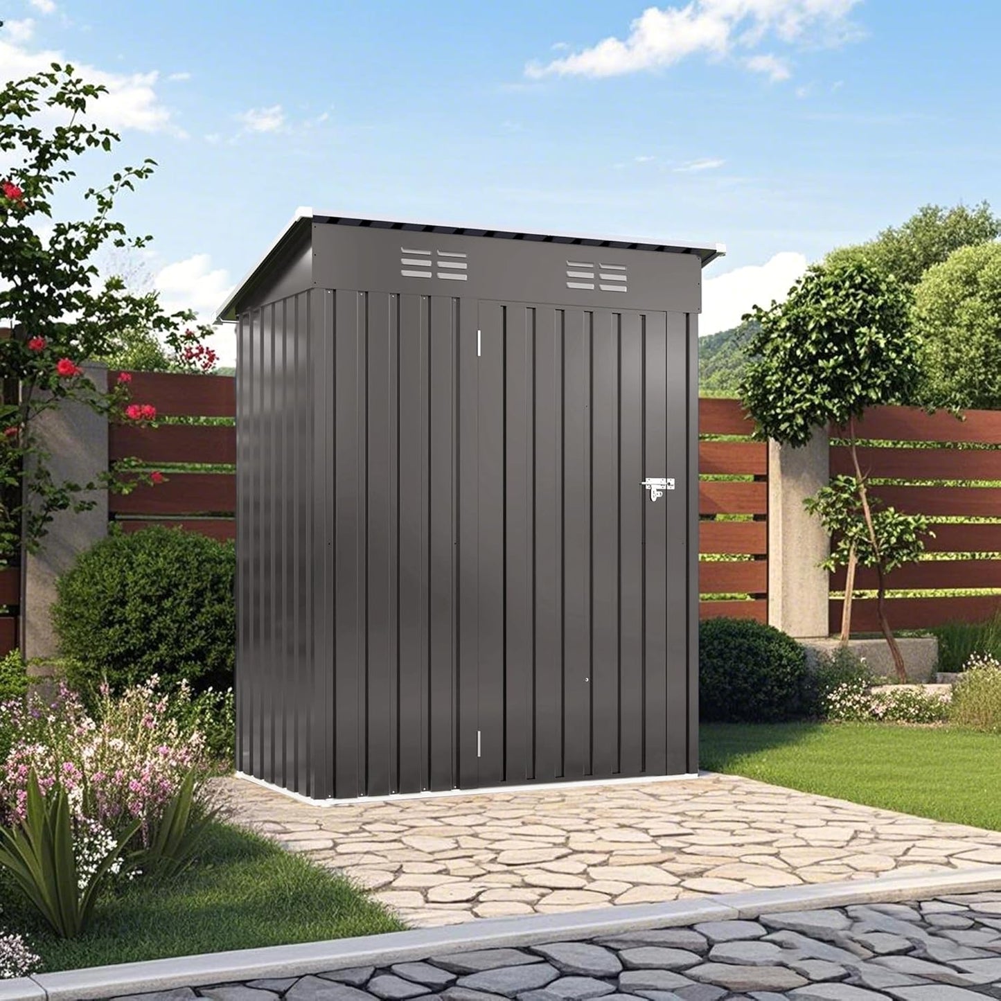 IKERY 5X3 FT Metal Outdoor Storage Shed, Tool Shed with Pitched Roof and Lockable Door Compact Metal Tool Shed for Garden, Backyard, Patio, Everyday Sundries and Bike Storage, Gray