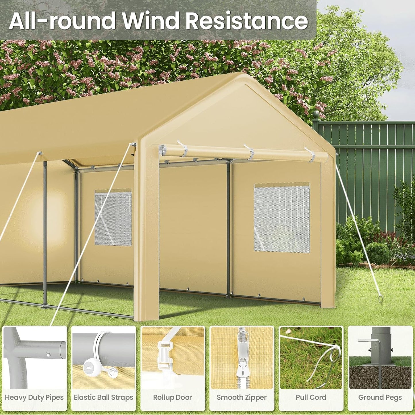 Carport 10x20 Ft, Heavy Duty Car Canopy with Reinforced Ground Bar, Portable Garage with Roll-up Windows and Removable Sidewalls, Galvanized Car Shelter, Large Outdoor Storage Shed (Yellow)