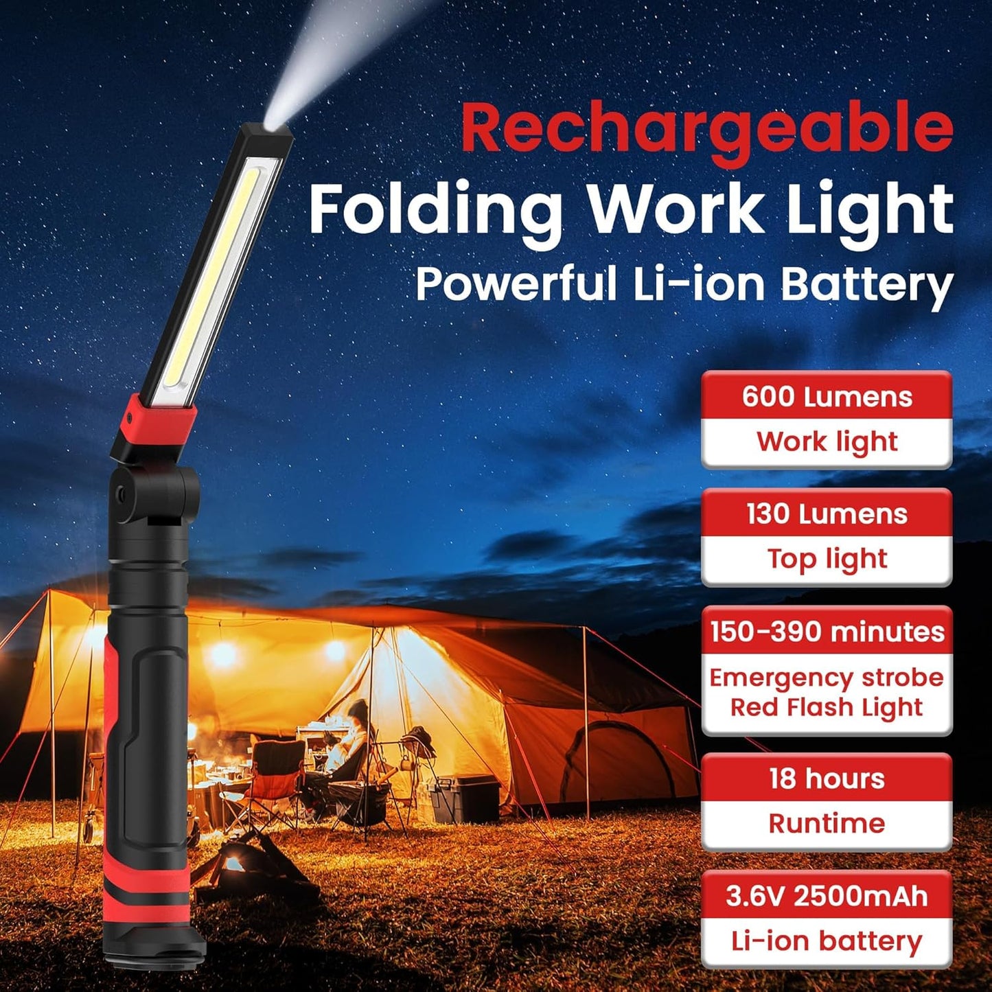 Rechargeable Work Light 2500mAh Magnetic LED Work Light Flashlight Mechanic Light Tool Gifts for Men Him, Foldable Lamp with Hook for Car Repair Emergency BBQ Grill