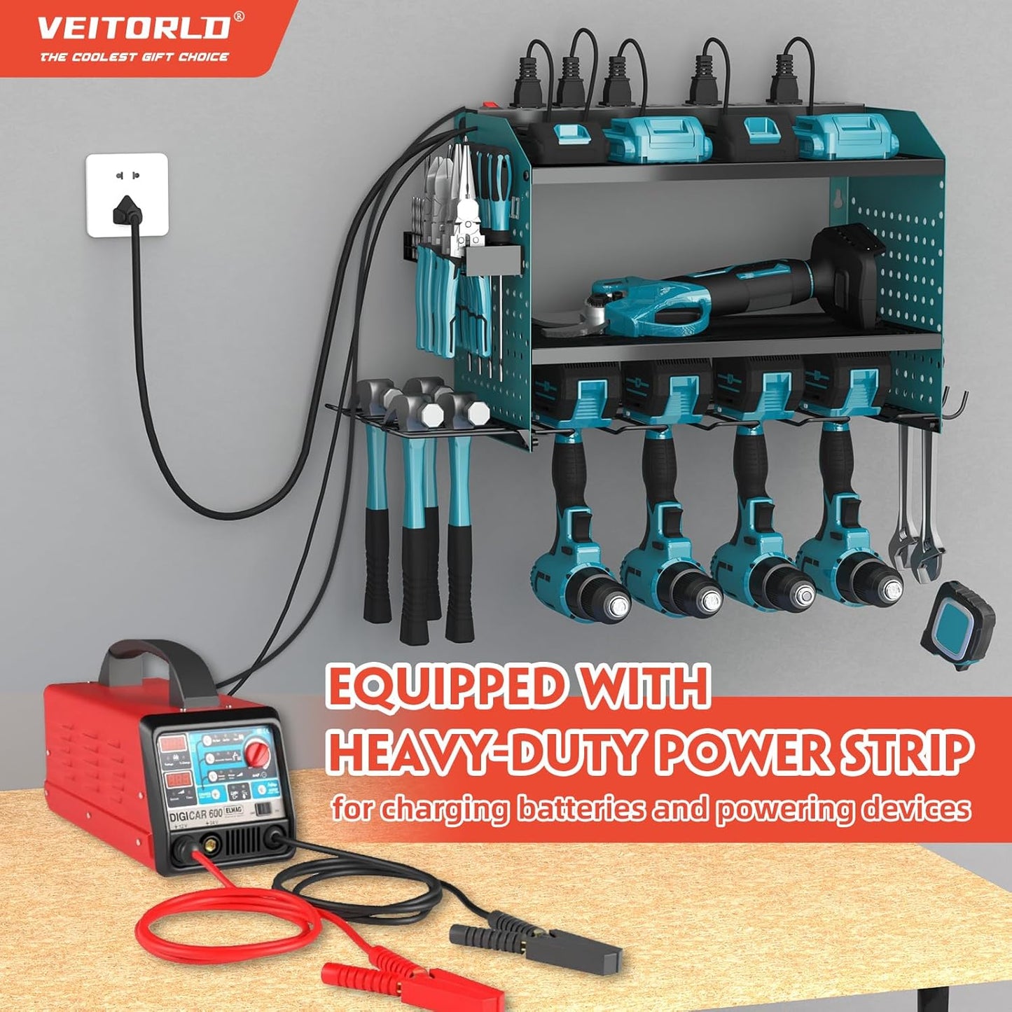 Veitorld Power Tool Organizer with Charging Station, Heavy Duty Modular Wall Mount Rack for Garage - 4 Drill Holders, Tool Storage Organizer, Christmas Birthday Gifts for Men Him Dad Husband